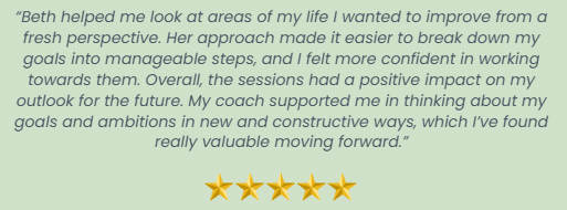 A quote overlay on a pale green background discussing personal growth, goal-setting, and coaching support, with a five-star rating below.