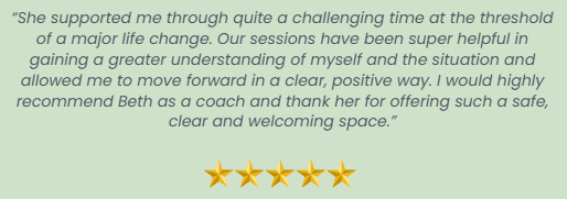 Testimonial quote about supportive coaching, expressing gratitude for a positive, safe, and welcoming space with five gold stars below.
