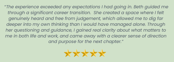 A quote about a positive career transformation experience, attributed to a person named Beth, praising her guidance and support, accompanied by five gold stars below.