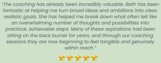 A quote about coaching and personal growth, followed by a five-star rating on a light green background.