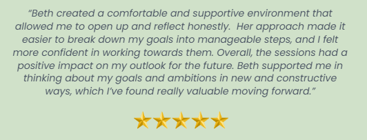 A quote about a positive, supportive environment created by Beth, with five gold star icons at the bottom.