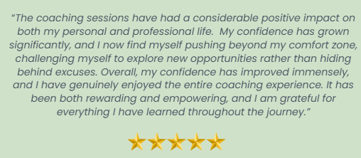 A quote about the positive impact of coaching sessions on personal and professional life, highlighting increased confidence, exploration, and empowerment, accompanied by five gold stars at the bottom.