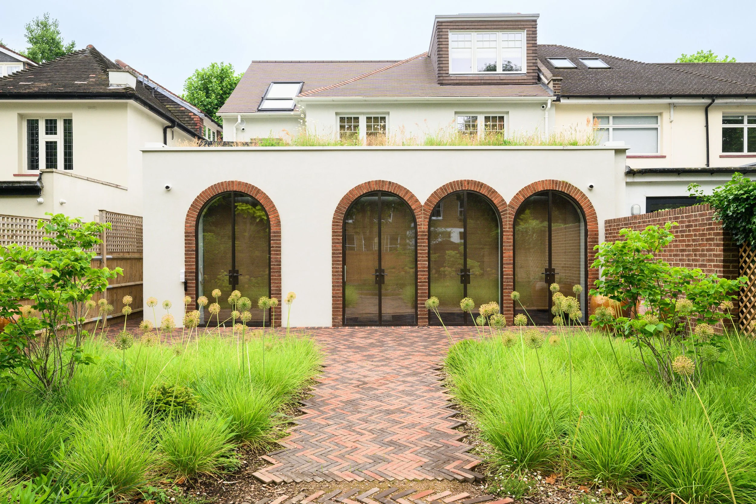 Exterior view from garden showing green roof at Maida Vale 2