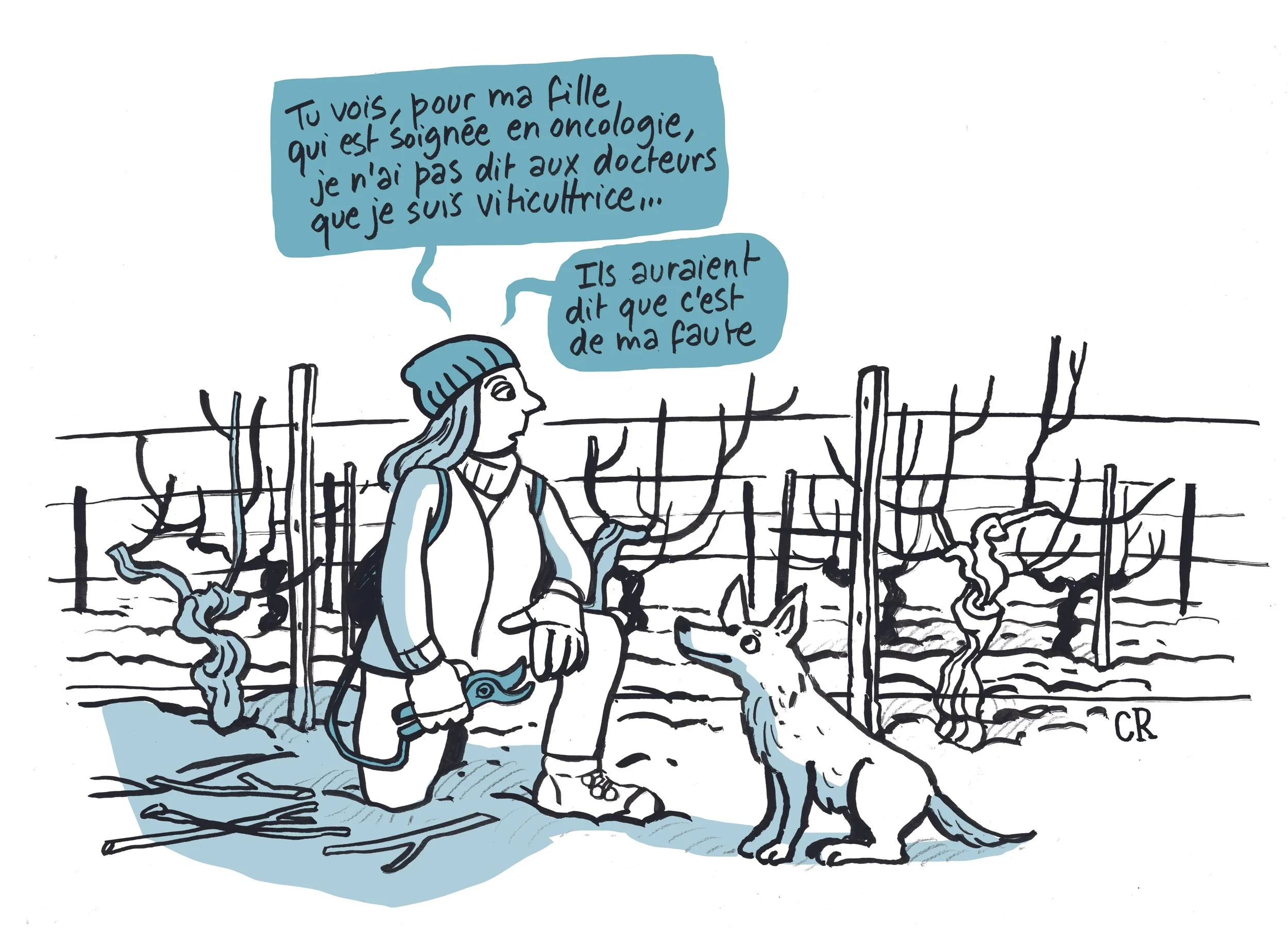 Une illustration d'une femme marchant dans un champ de vignes, parlant à un chien. La femme porte un bonnet, un sweat à capuche et des chaussures de marche. La scène inclut une clôture et un fond minimaliste. La conversation en français est dans deux bulles de dialogue : "Tu vois, pour ma fille qui est soignée en oncologie, je n'ai pas dit aux docteurs que je suis viticultrice..." et "Ils auraient dit que c'est de ma faute."
