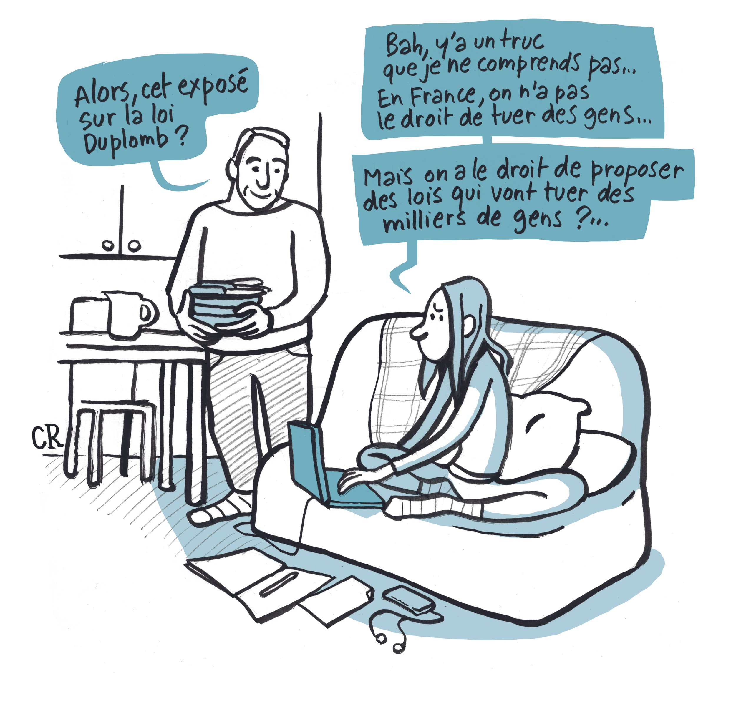Une illustration en noir et blanc d'un homme assis devant un ordinateur portable, un autre homme debout à côté de lui tenant un objet, avec des bulles de dialogue en français discutant de lois sur la légitime défense.