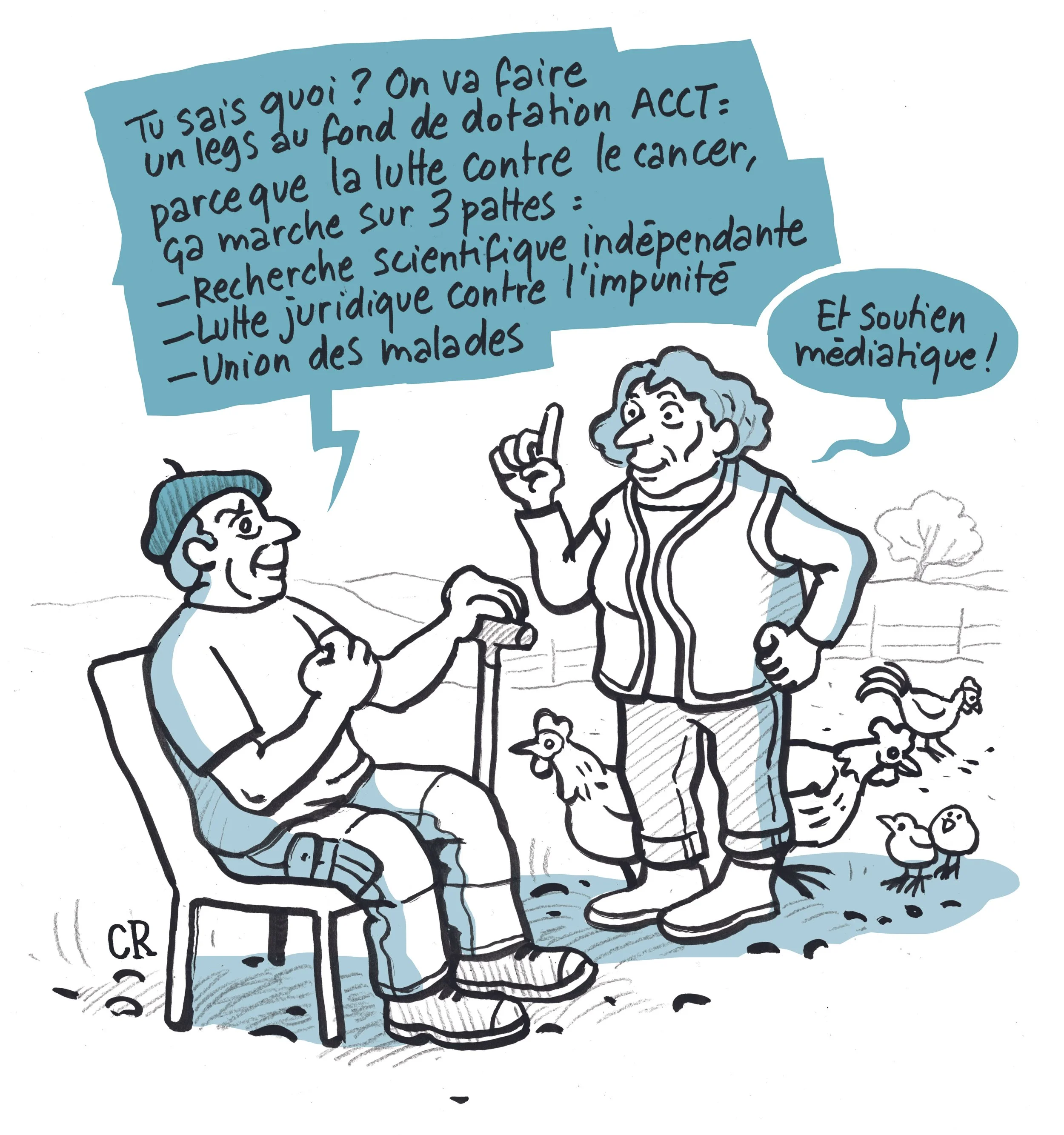 Une discussion entre deux personnes, l'une assise dans une chaise et l'autre debout. Le texte en français mentionne la collecte de fonds pour la recherche contre le cancer, la lutte juridique contre l'impunité, et l'union des malades. Il y a des oiseaux et un arbre en arrière-plan.