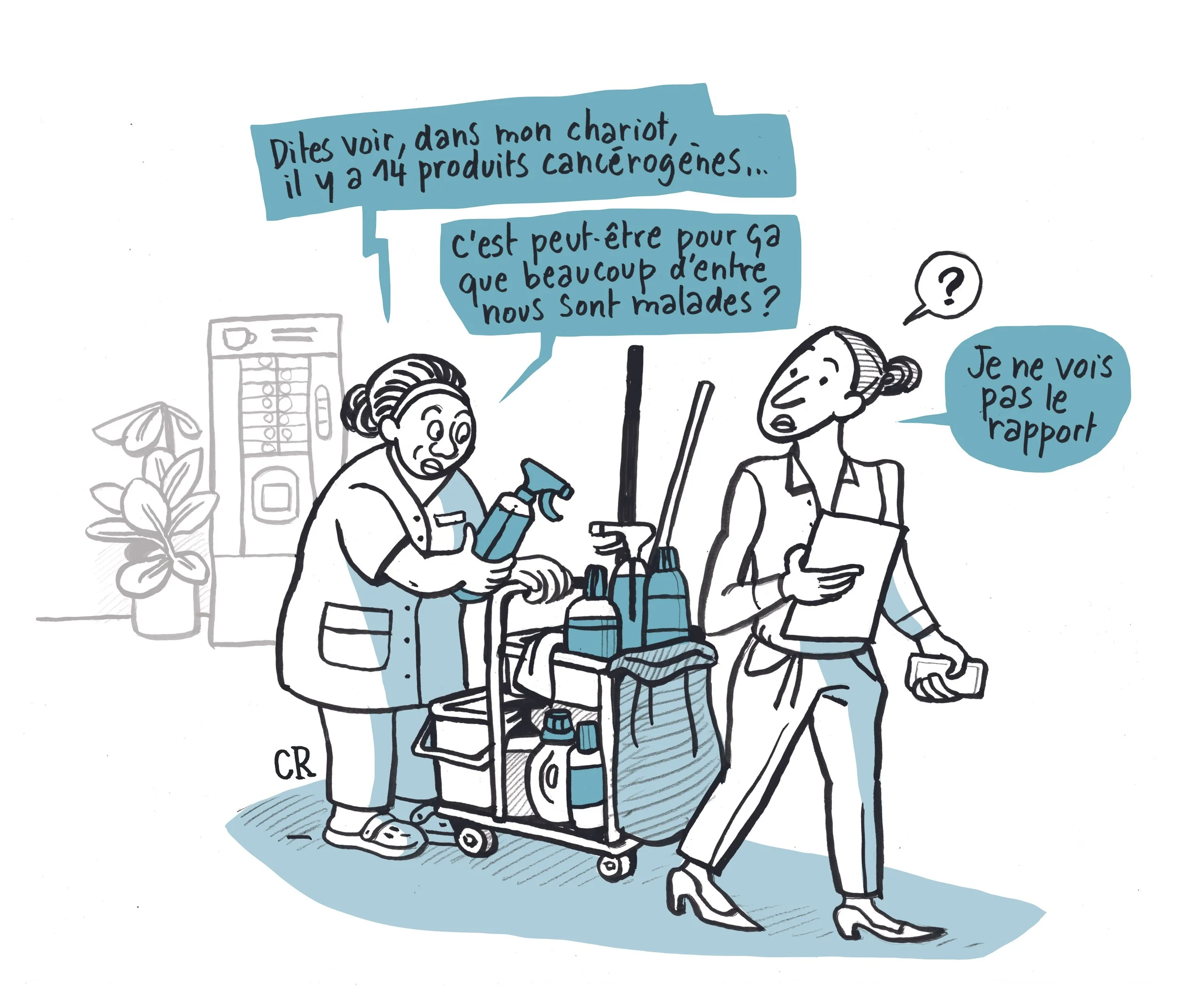 Une illustration montrant deux femmes discutant à un comptoir avec un chariot rempli de produits, dans un contexte de conversation sur la présence de produits cancérogènes.