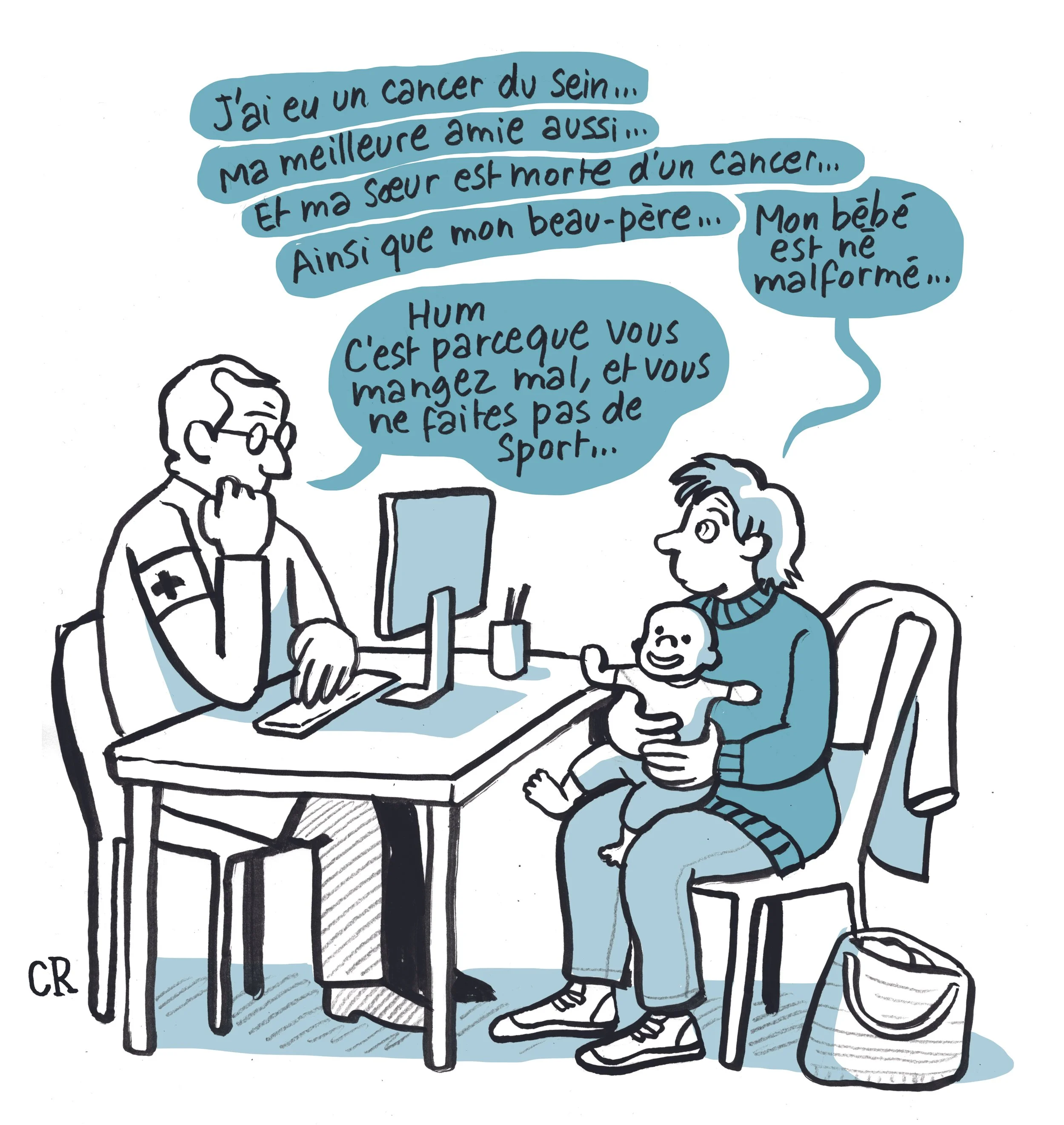 Conversation entre deux personnes à une table, une femme enceinte avec un bébé, discutant d'une maladie du sein et de cancer, avec une femme médecin.