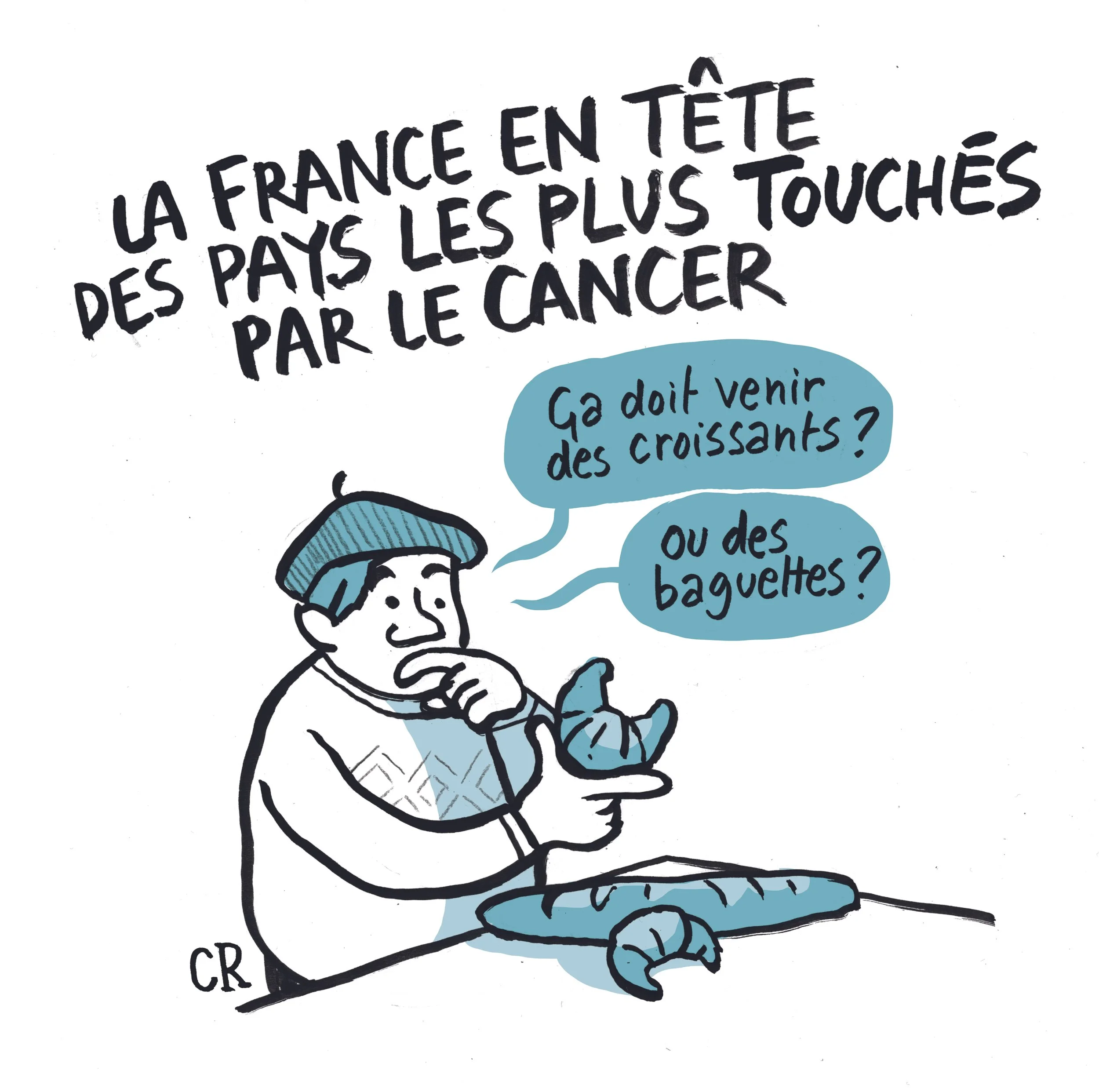 Dessin d'une personne portant une casquette bleue, réfléchissant avec une bulle de dialogue indiquant "Ça doit venir des croissants ?". La personne semble en train de penser à propos d'une situation liée aux croissants.