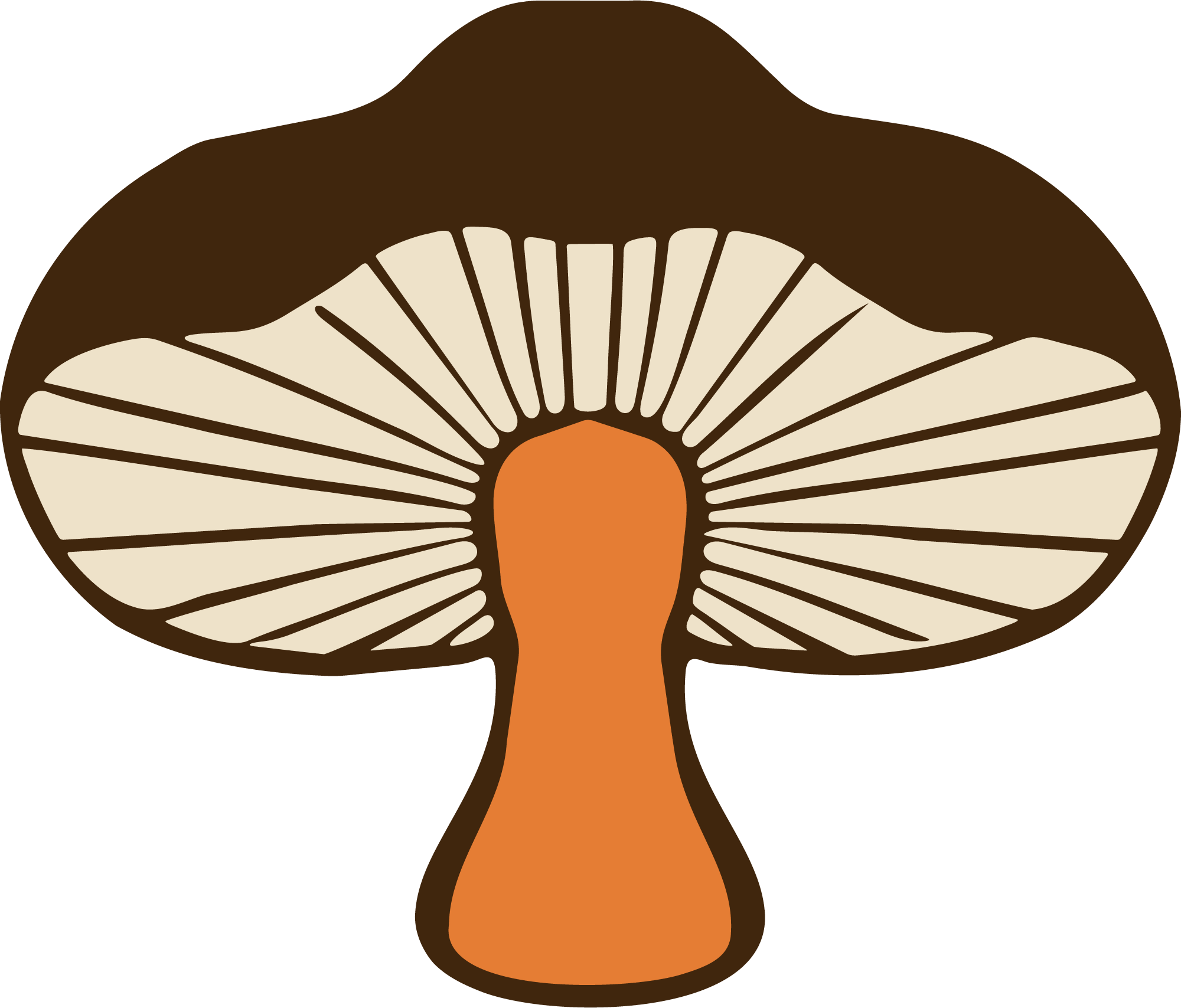 A stylized illustration of a mushroom with a brown cap and beige gills, and an orange stem.