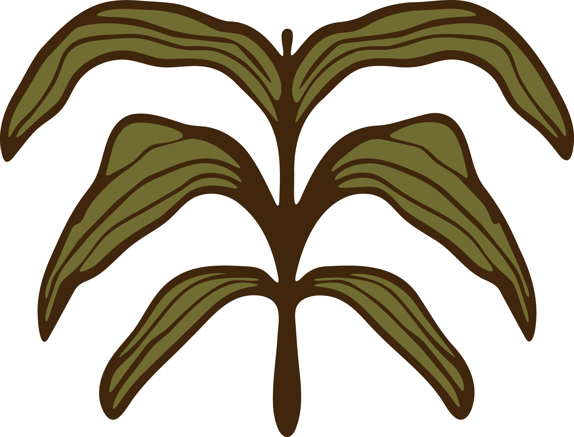 An illustration of a stylized brown and green leaf or plant with multiple layered curved segments.