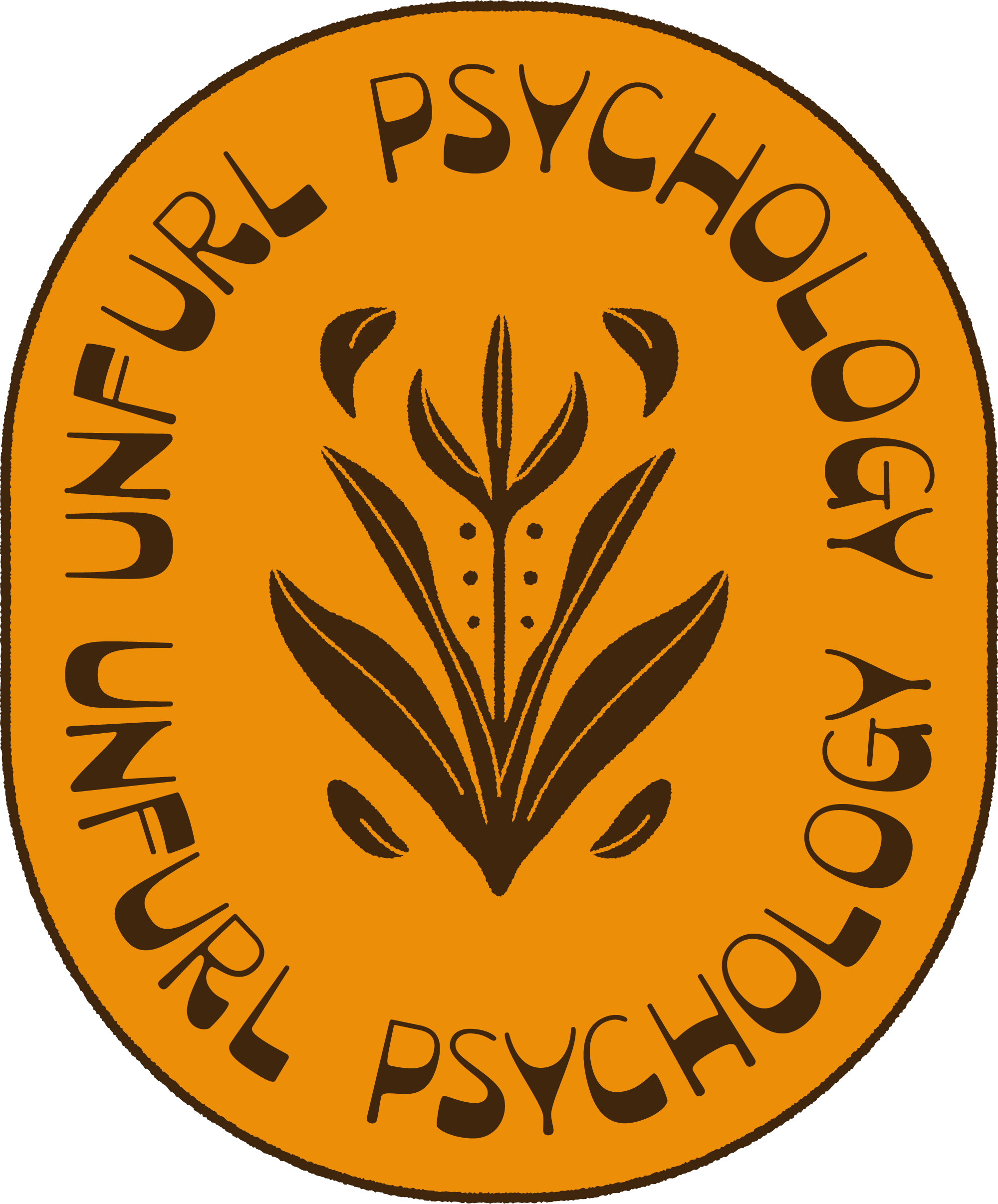 Close-up of an orange circular seal with black text that reads 'UNWELJAL PSYCHOLOGY' and features a black stylized plant or leaf design in the center.