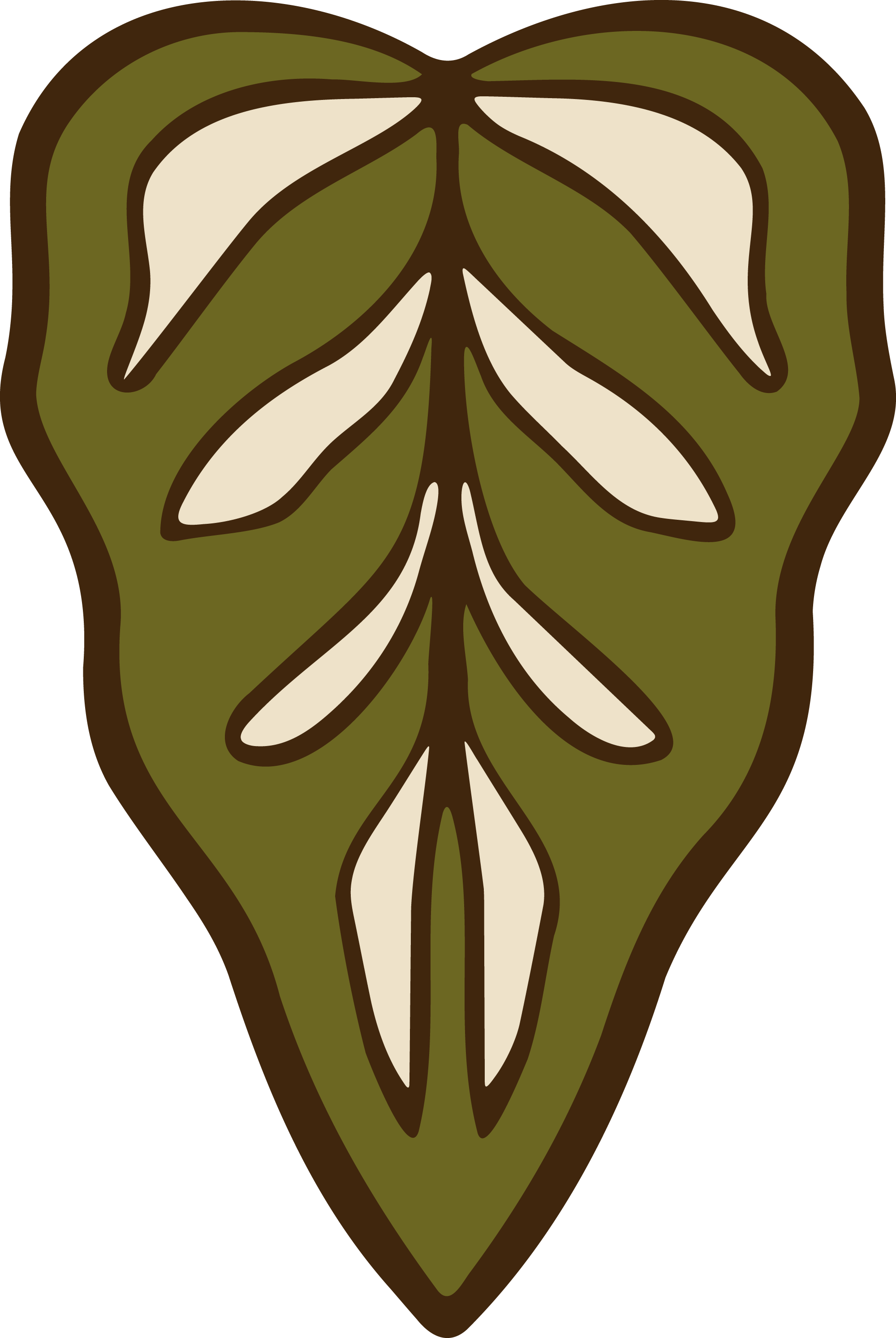 A stylized, cartoonish green and brown snake head with white accents, pointing downward.
