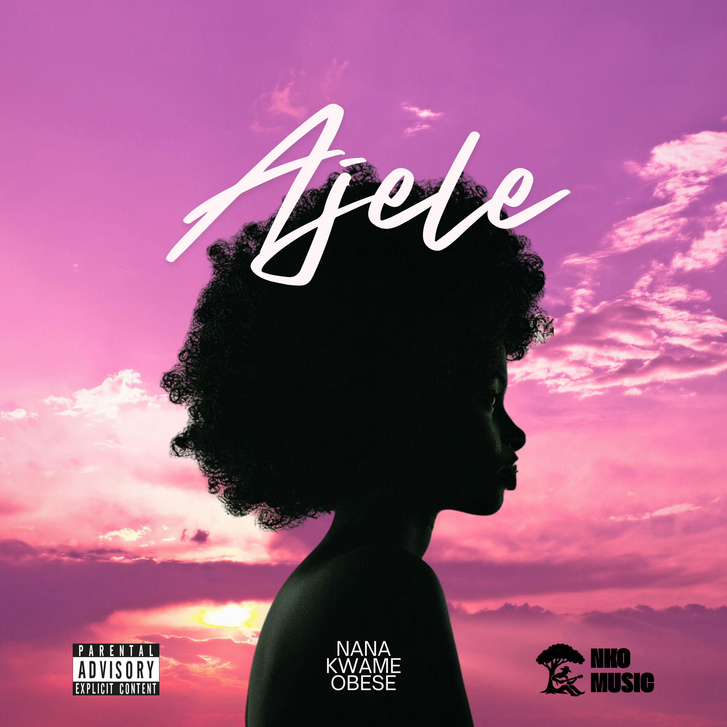 Album cover art for Ajele by Nana Kwame Obese featuring a dark silhouette profile of a person against a vibrant purple and orange sunset sky with white script typography.