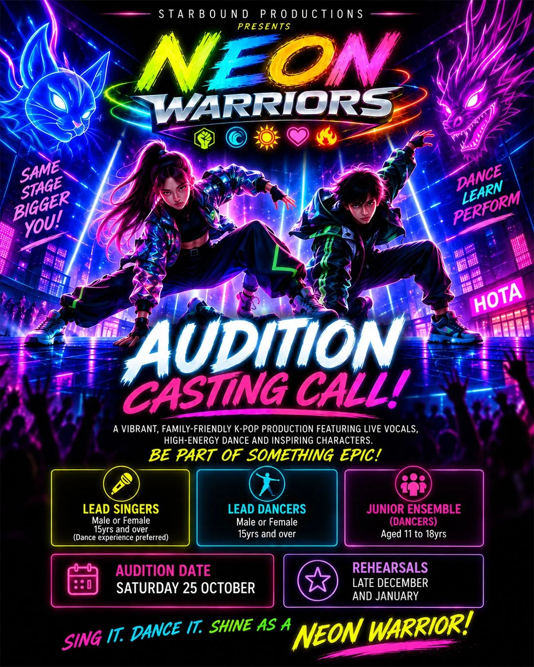 Neon Warriors audition casting call for lead singers, lead dancers and junior ensemble performers for the K-pop live stage production at HOTA Gold Coast in January 2027.