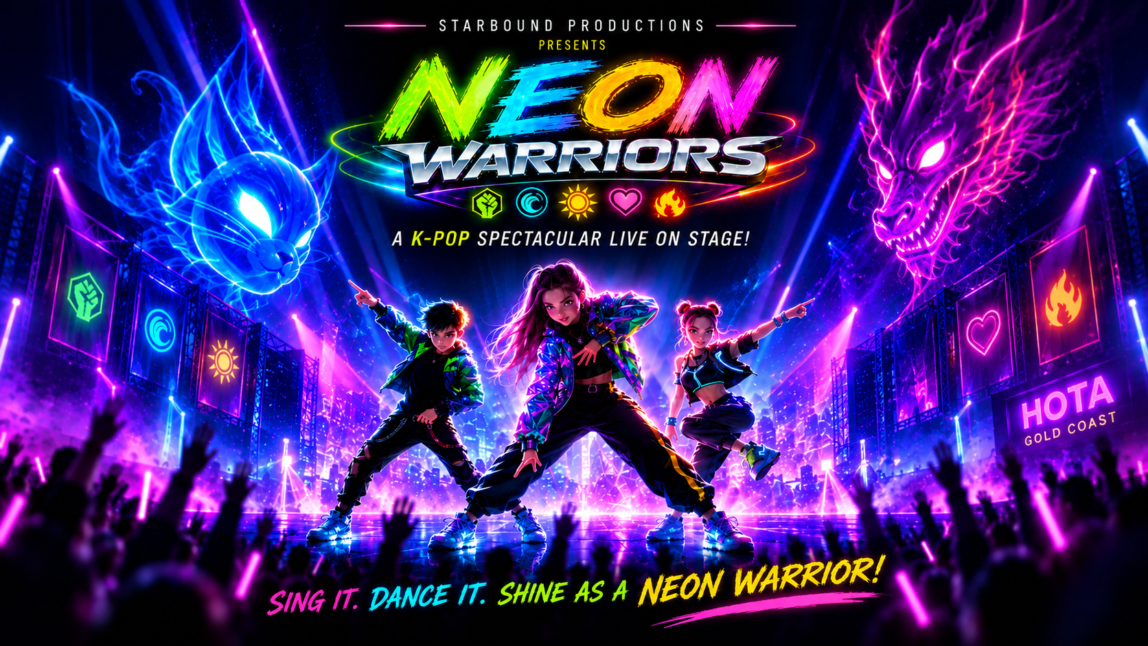 Neon Warriors K-pop live show at HOTA Gold Coast, 24–25 January 2027.