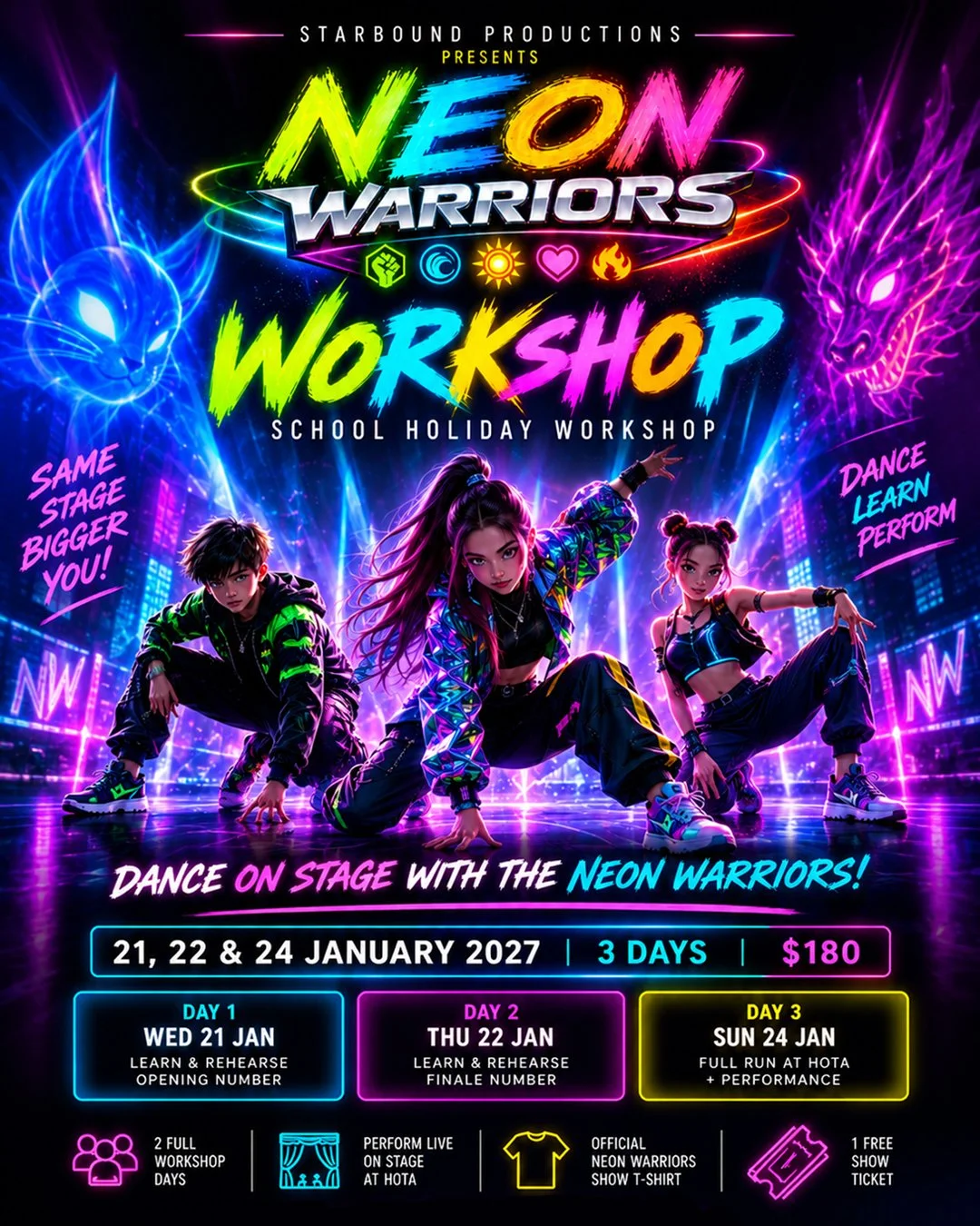 Neon Warriors School Holiday Dance Workshop on the Gold Coast, where young dancers learn choreography and perform live on stage at HOTA.