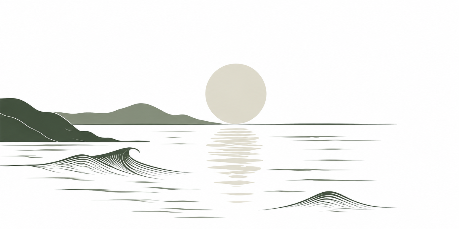 Minimalist illustration of a sunset over the ocean with mountains in the background.