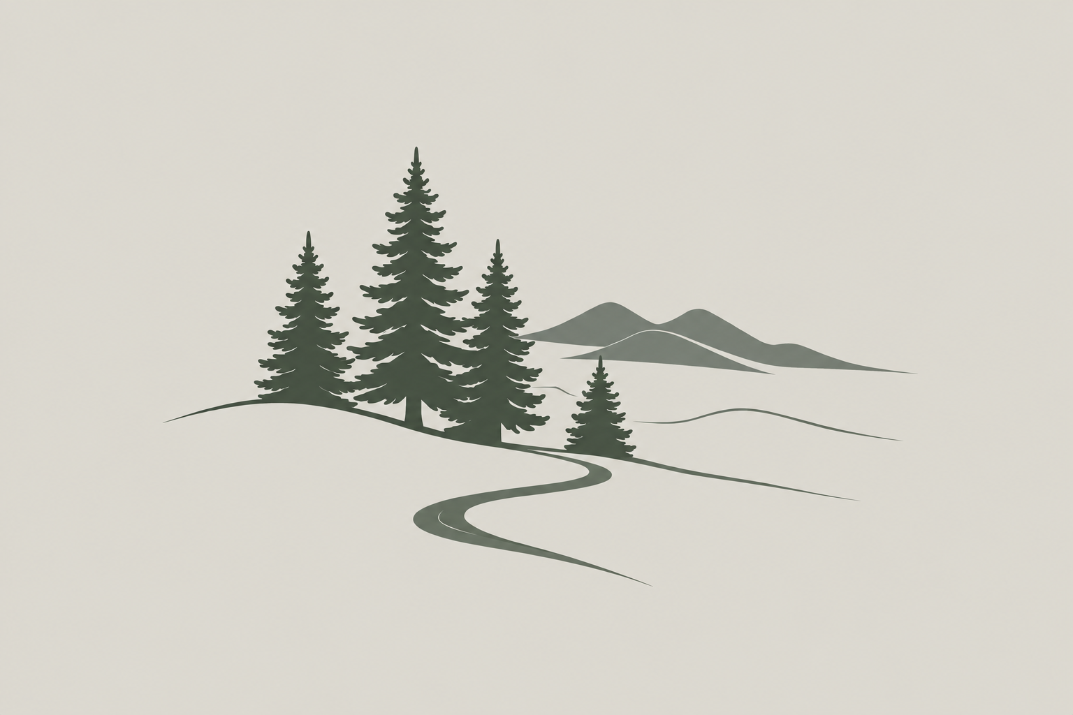 Simple illustration of evergreen trees, mountains, and a winding path.