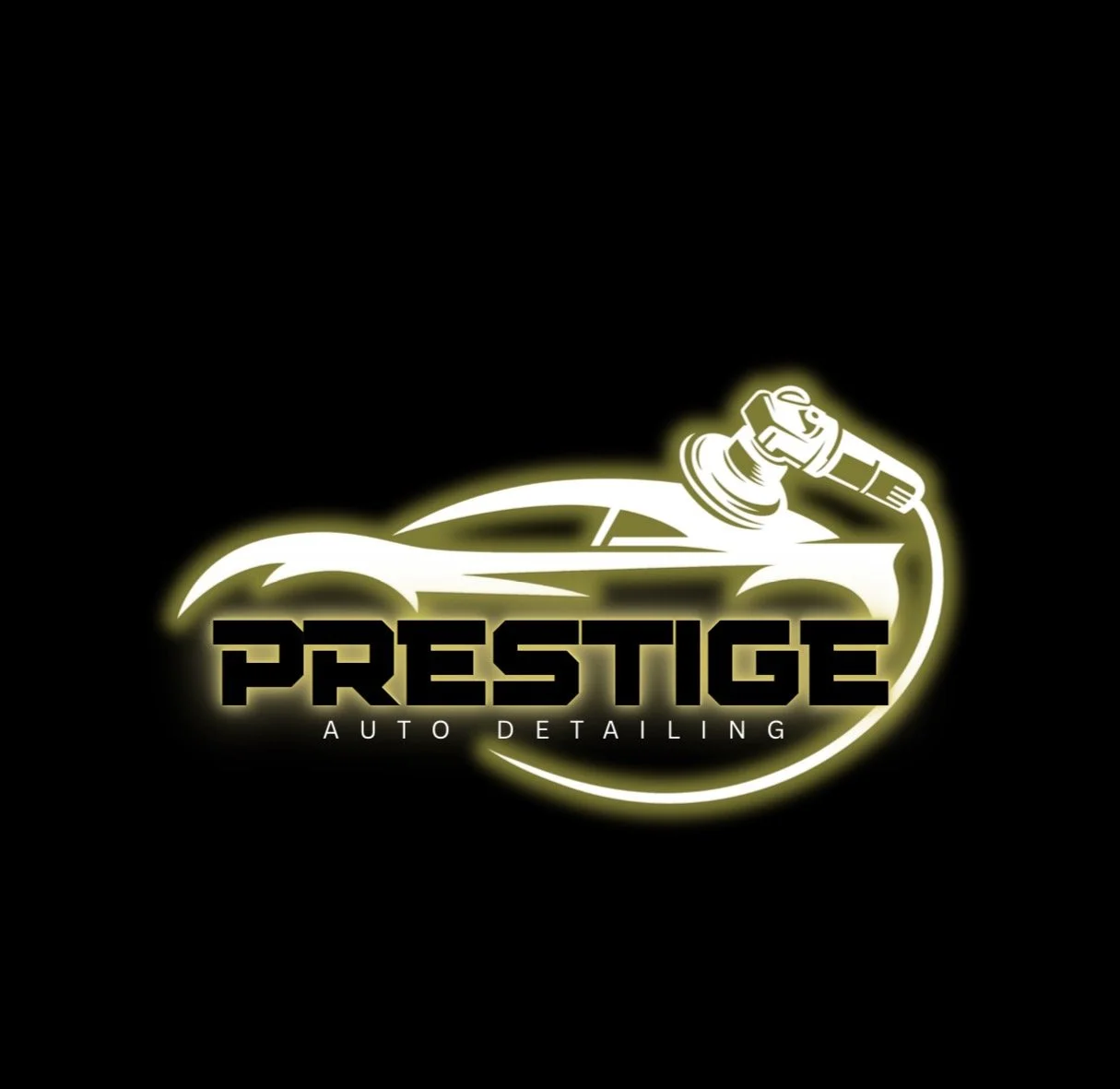 Logo for Prestige Auto Detailing featuring a stylized car silhouette with a polishing machine above it, and the text "PRESTIGE" in bold uppercase letters with a glowing effect, followed by "AUTO DETAILING" in smaller font.