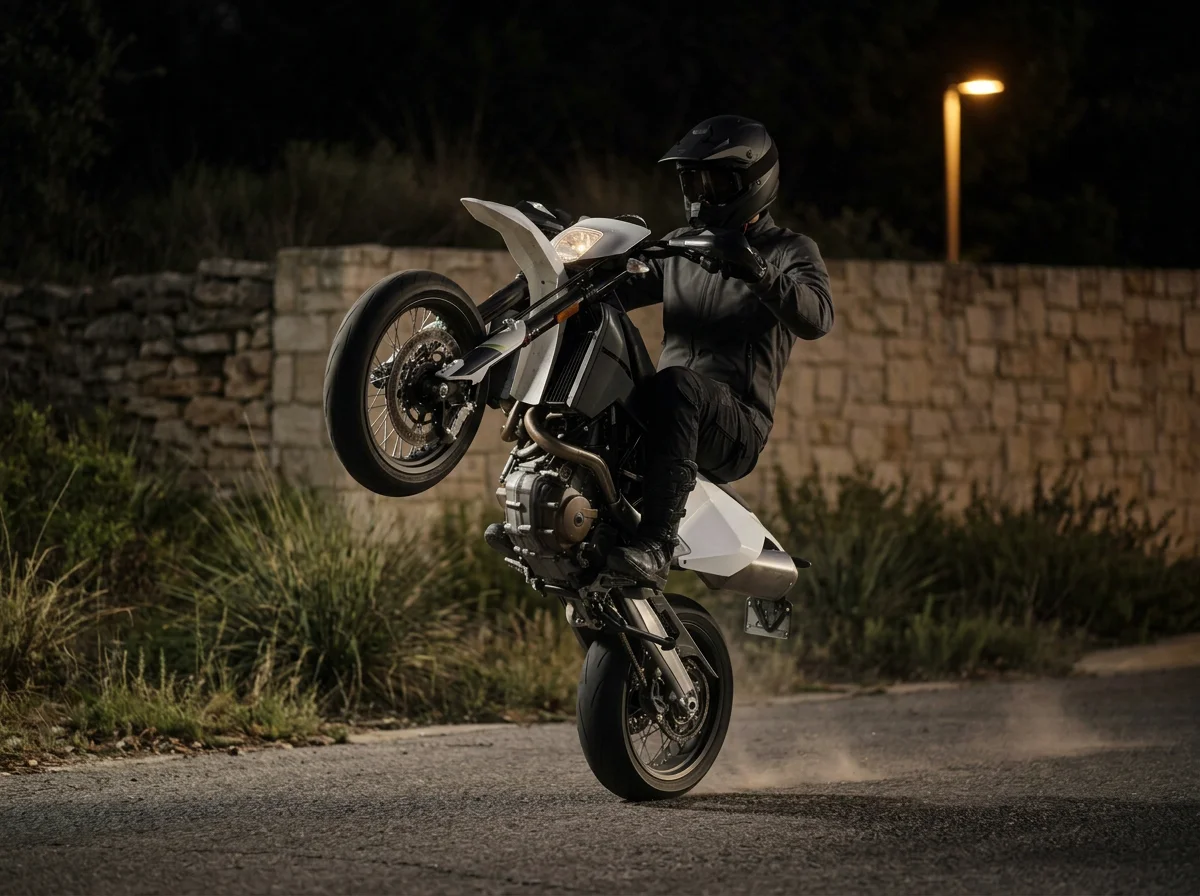 Motorradfahrer führt einen Wheelie auf einer Landstraße bei Nacht aus, trägt schwarzen Helm und schwarze Motorradbekleidung.