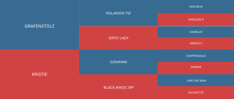 A colorful chart with various names and categories, arranged in rows and columns, using blue and red blocks.