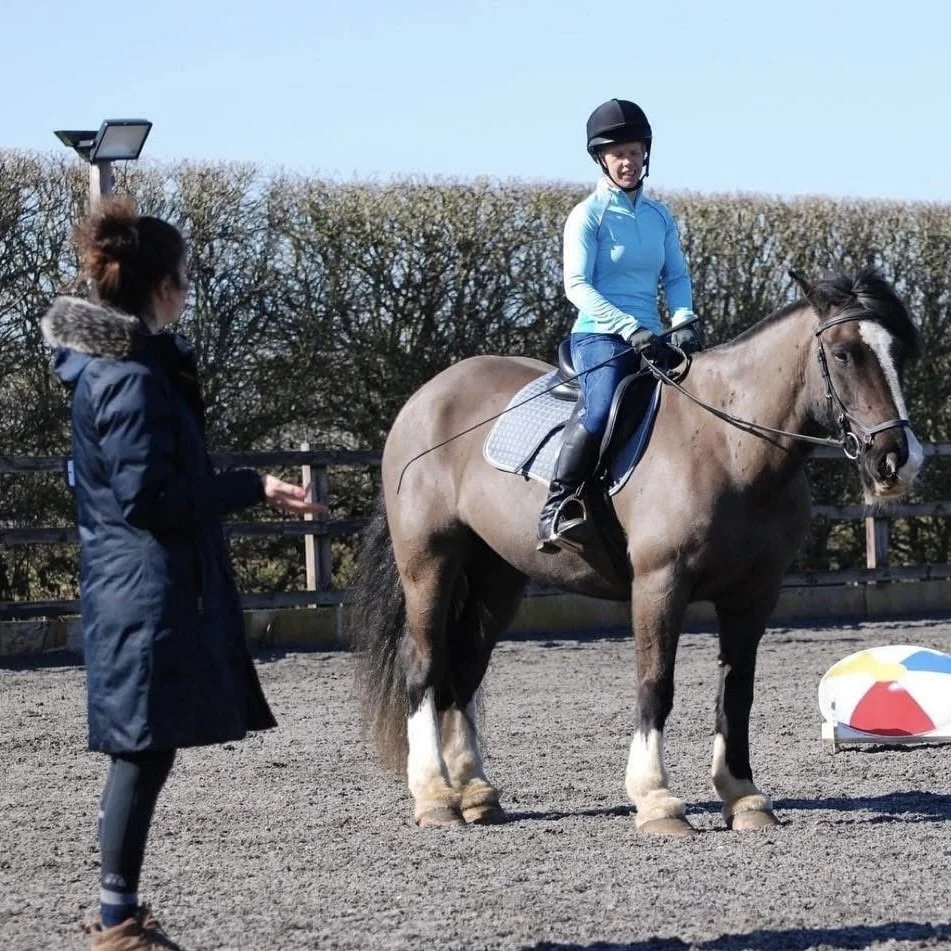 A woman wearing a blue riding jacket and helmet sitting on a brown and white horse, with a person standing nearby on a riding arena with a sun and hedge in the background.