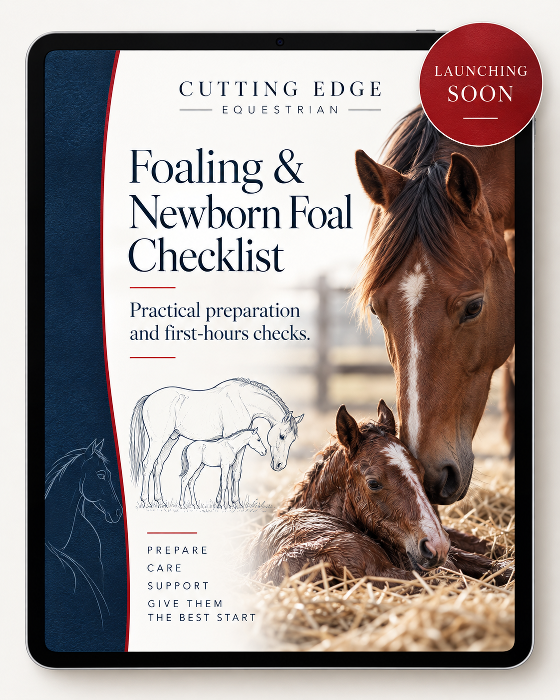 Cover of a foaling and newborn foal checklist with a photo of a mare and foal, text about equestrian preparation, and a red 'Launching Soon' badge.