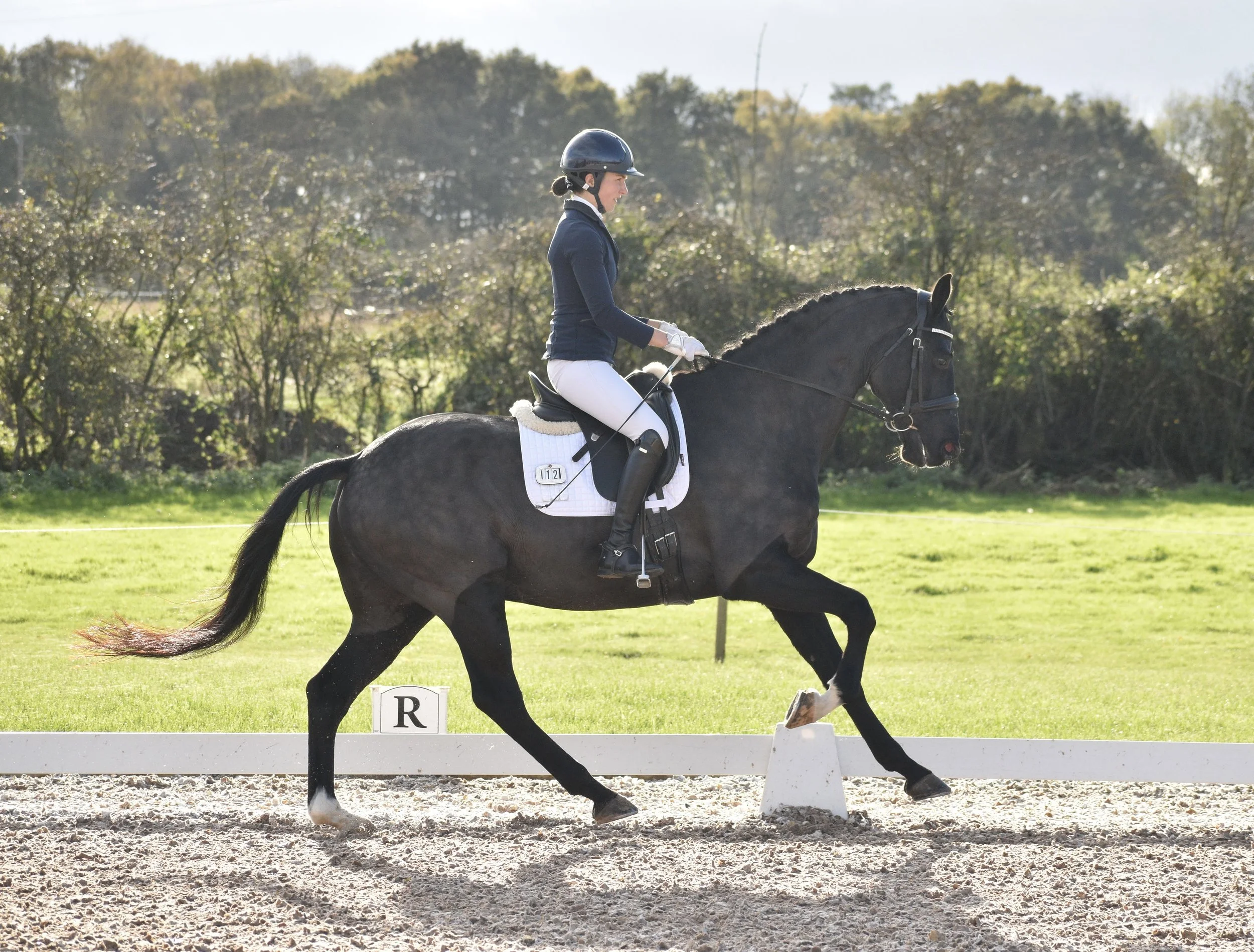A female horseback rider wearing a helmet, riding a black horse on a dressage arena with letter markers, surrounded by trees and greenery in the background.