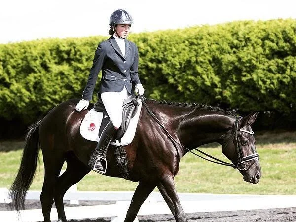 Female equestrian rider in formal riding attire riding a dark brown horse on a track with greenery and bushes in the background.