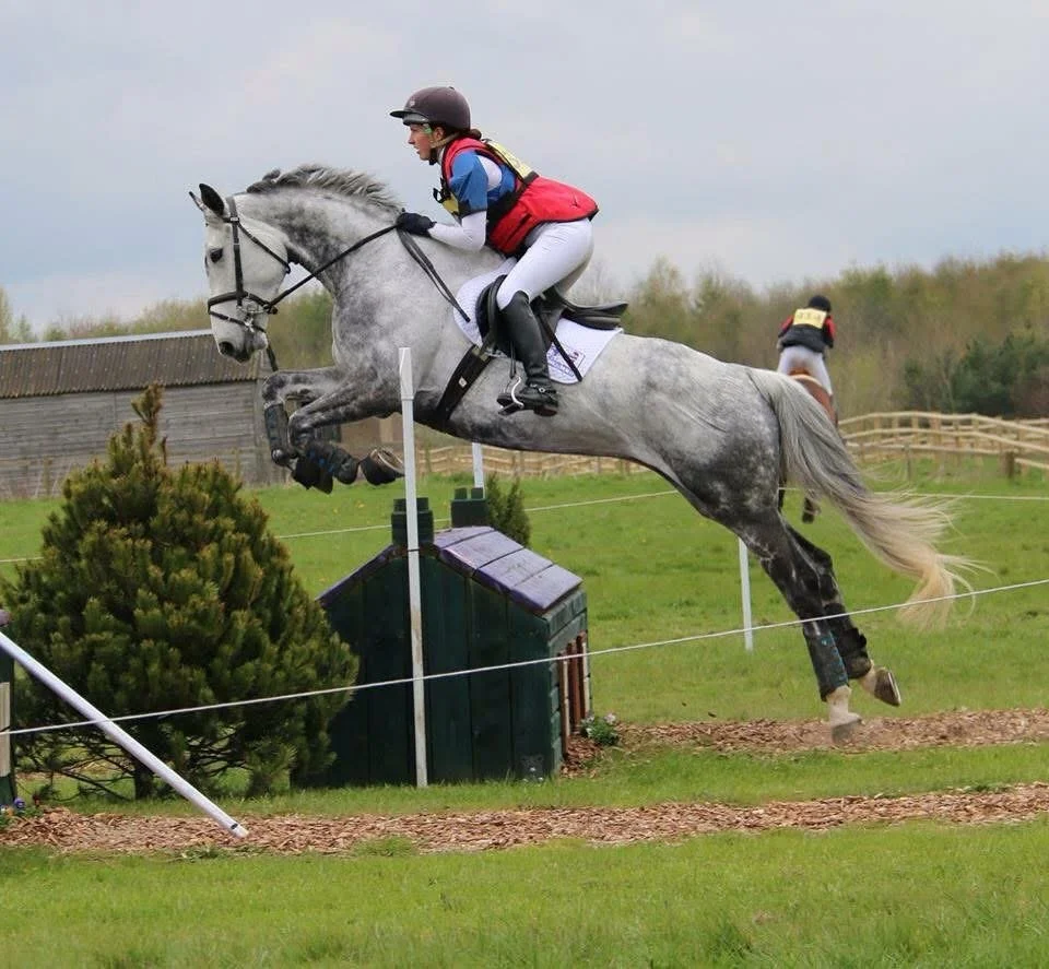 Horse and rider jumping over an obstacle during an equestrian event on a grassy field.