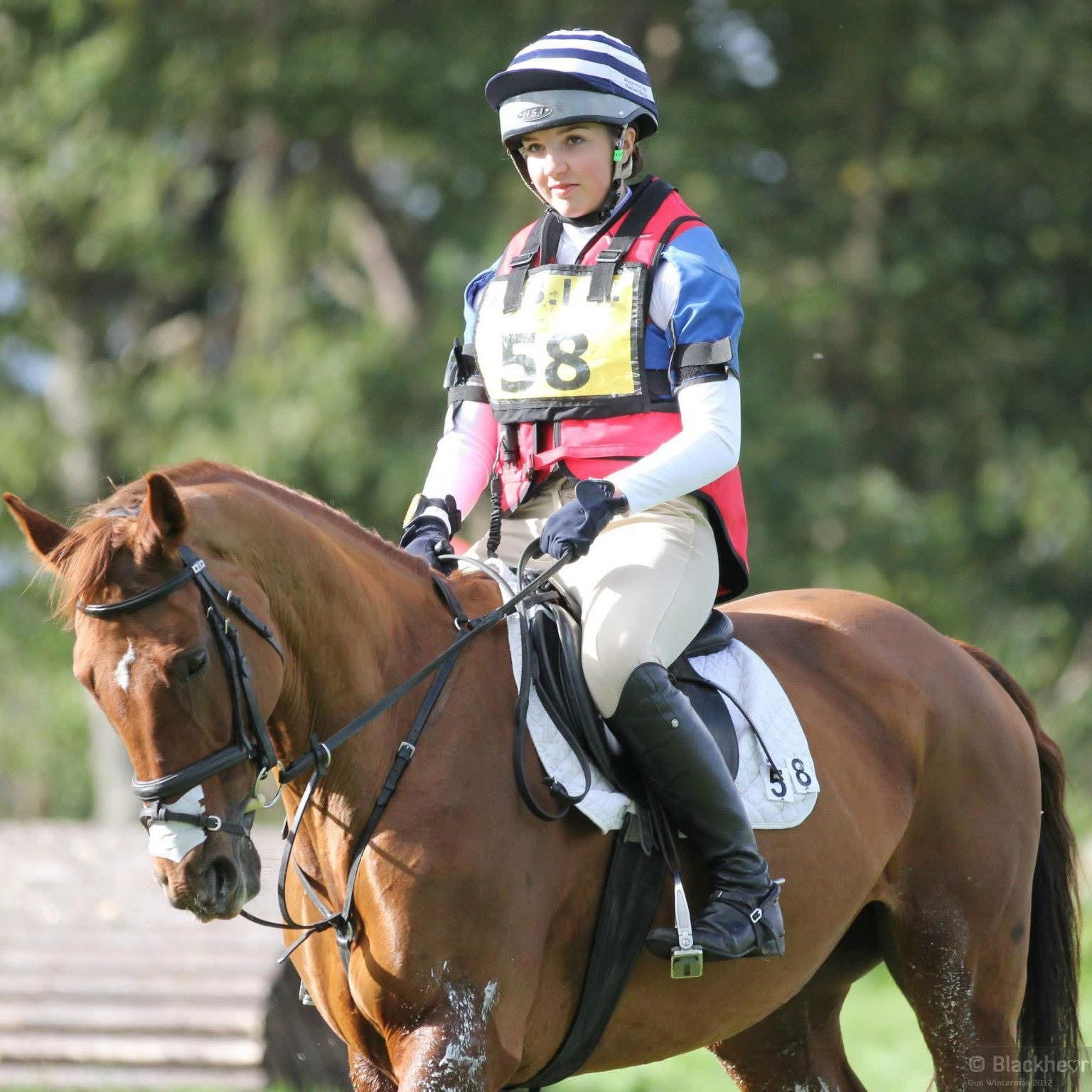 A girl in riding gear, including a helmet and vest, riding a chestnut horse outdoors with a grassy background.