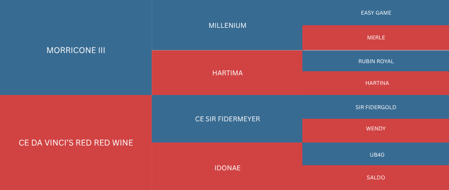 A chart with blue and red sections showing names of chess players or related terms, including 'MORRICONE III', 'HARTIMA', 'CE SIR FIDERMAYER', and 'DE VINCI'S RED RED WINE'.
