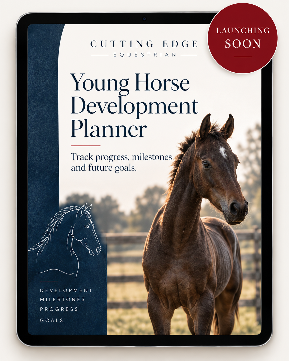Tablet displaying a Young Horse Development Planner with a picture of a young brown horse outside in a fence, sunset background, and text saying 'Launching Soon' in a red circle.