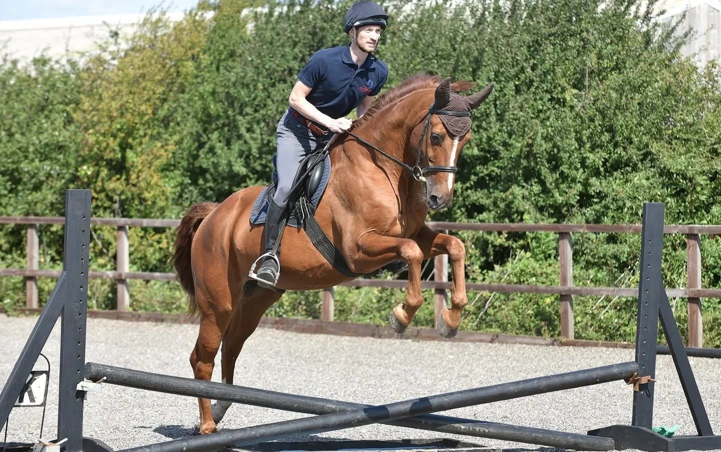A man riding a horse jumps over an obstacle in an outdoor riding arena.