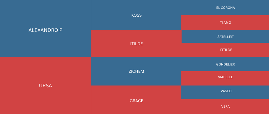 Tree diagram with names in blue and red boxes.