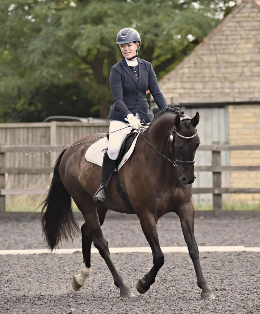 A woman wearing a black riding helmet, a dark jacket, and white riding pants riding a brown horse on a riding arena with a wooden fence and a background of trees and a brick building.