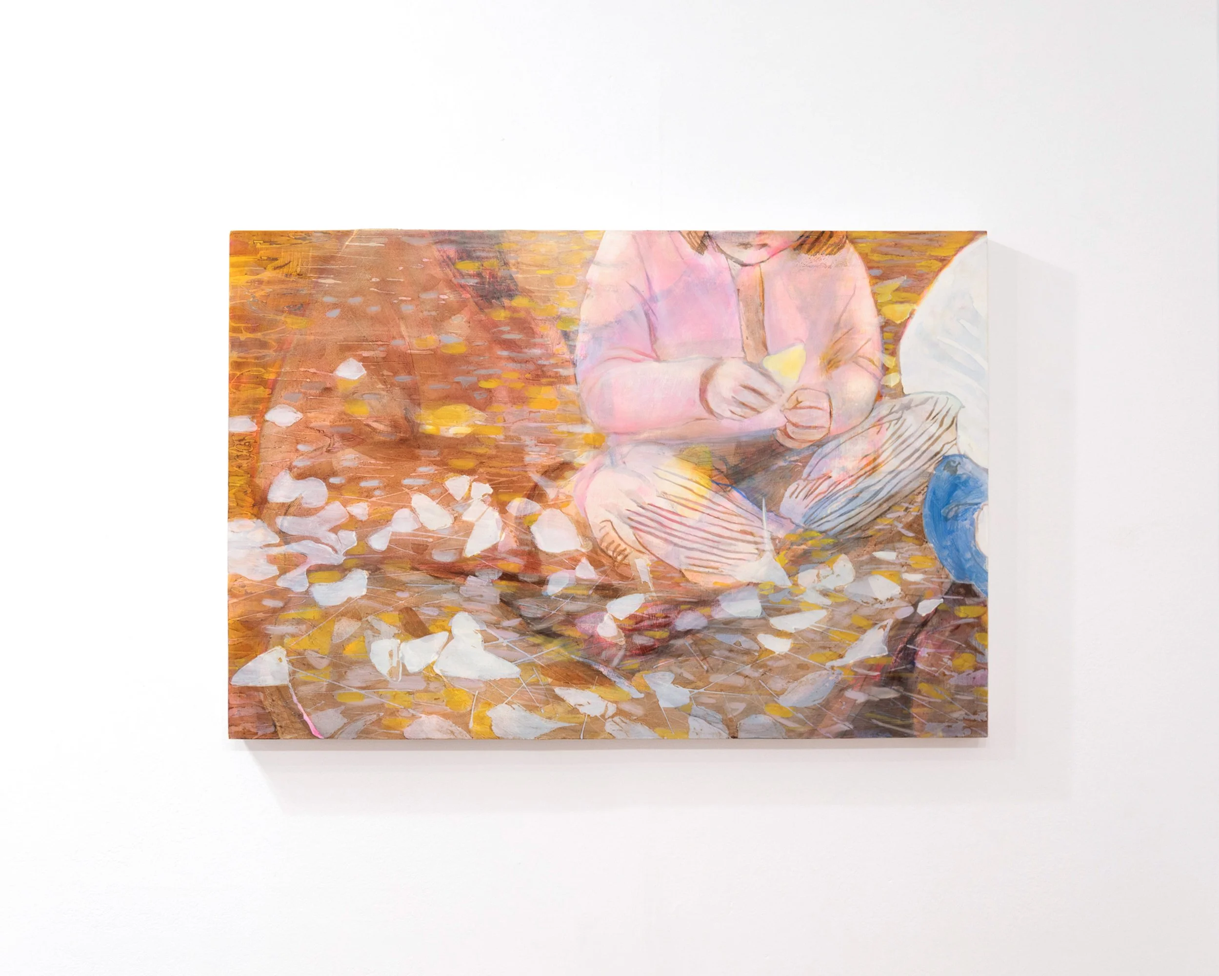 Painting of a person with short hair, sitting on a bench outdoors surrounded by fallen leaves, wearing a pink jacket and blue jeans.