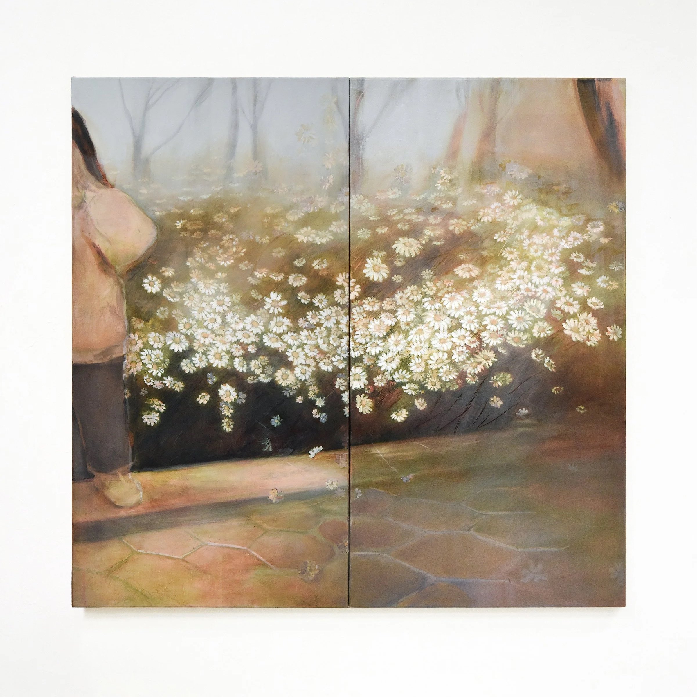A painting featuring a woman with long dark hair, wearing a pink dress, surrounded by white flowers and trees with a misty background.