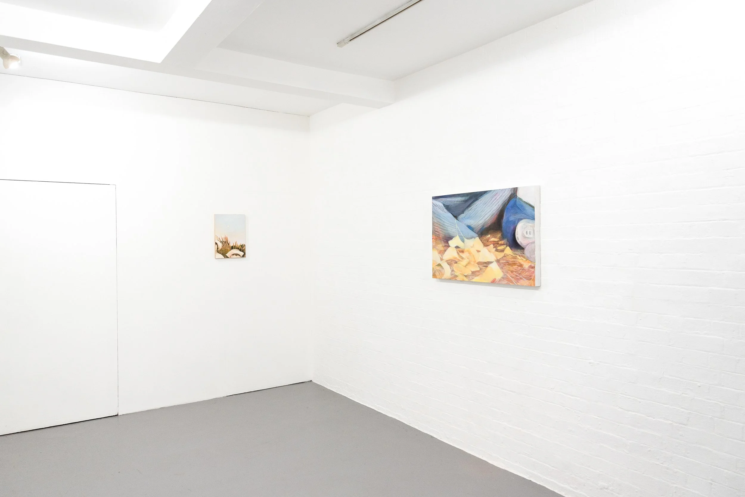 An art gallery with white walls and grey floor displaying paintings.