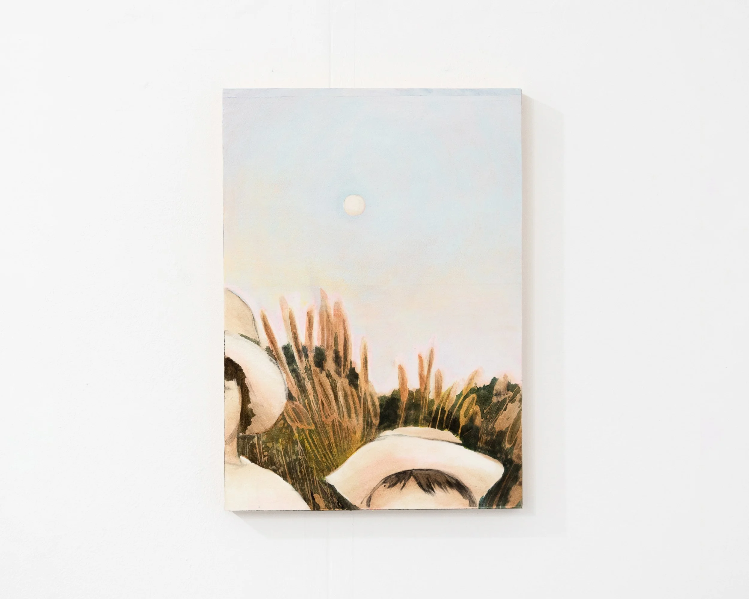 A landscape painting of a mountain with a sunset or sunrise sky in the background, featuring a small, distant white circle likely representing the moon or sun.