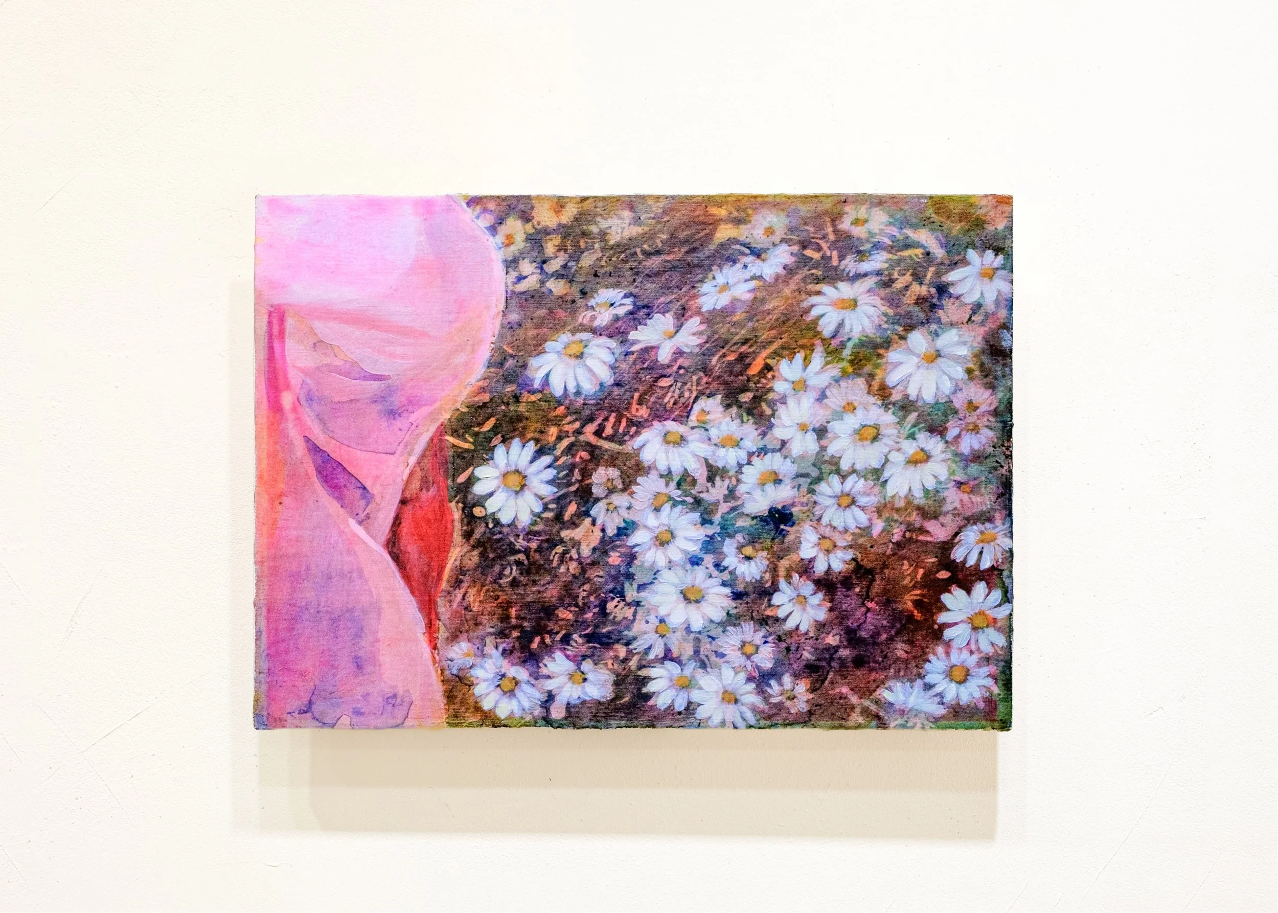 A painting or print featuring a pink cone with purple accents on the left and a background filled with white daisies with yellow centers and green leaves.