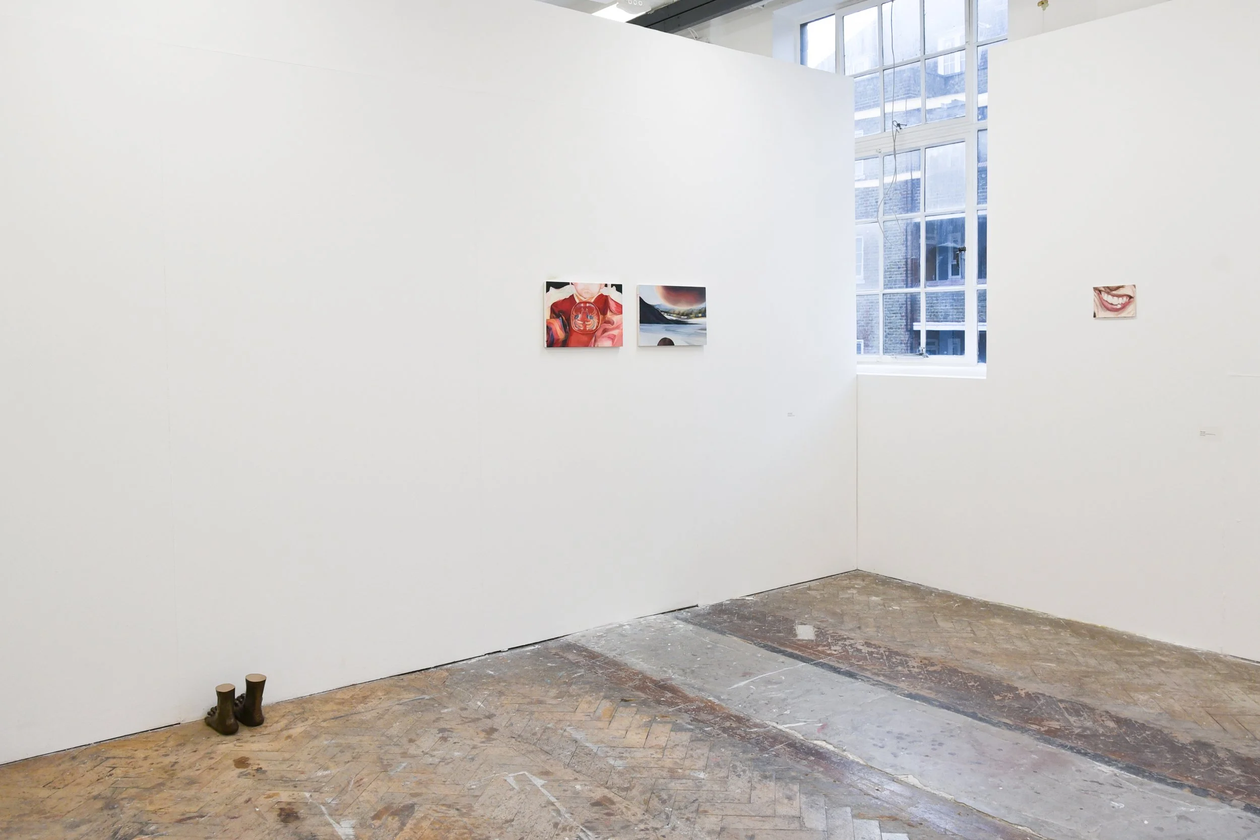 Art gallery with a white wall displaying two paintings and a smaller picture. A pair of brown shoes is on the floor near the wall. Large windows above allow natural light into the space.