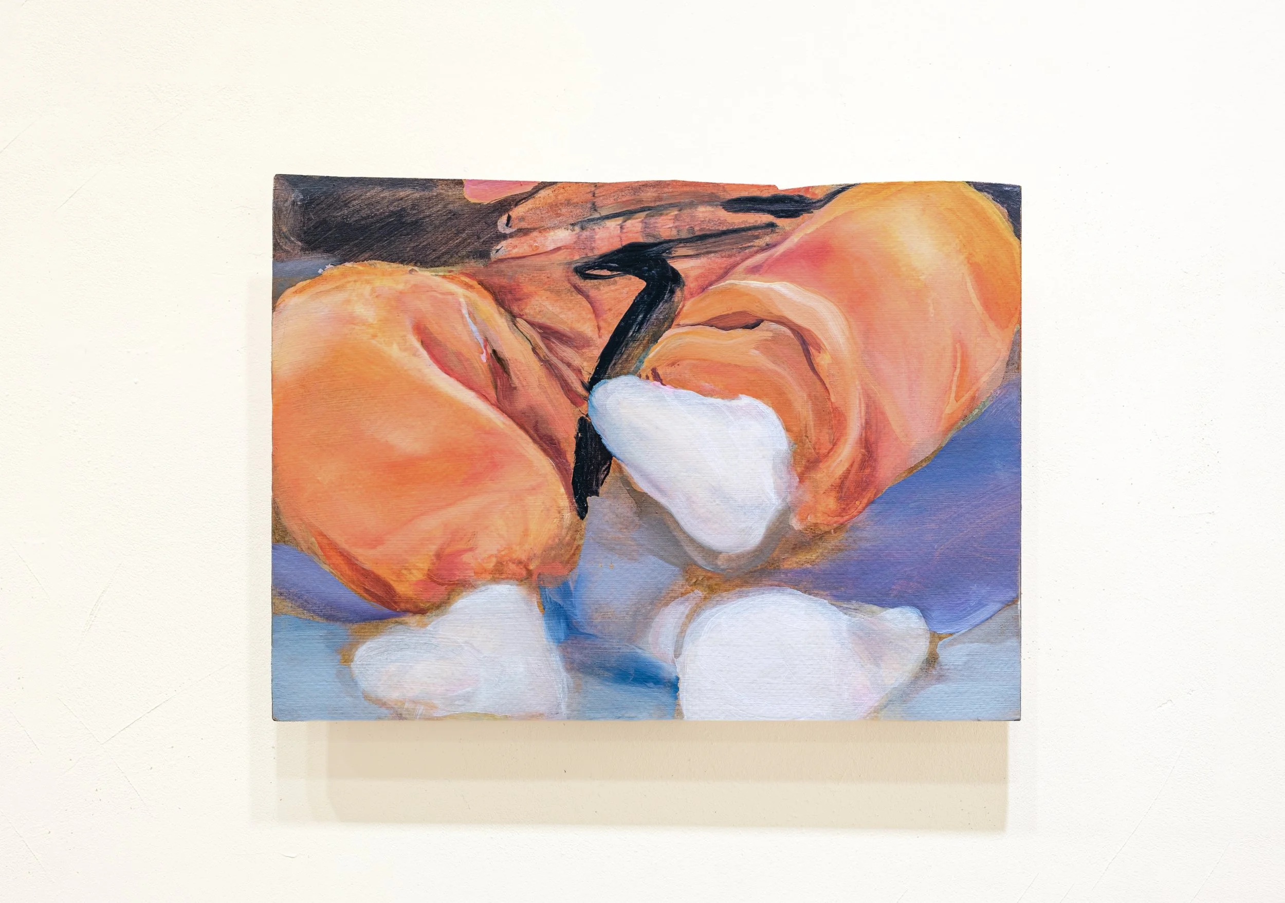A painting of a person sleeping on their side with their head resting on an arm, painted in warm tones of orange, peach, with white, black, and blue accents.