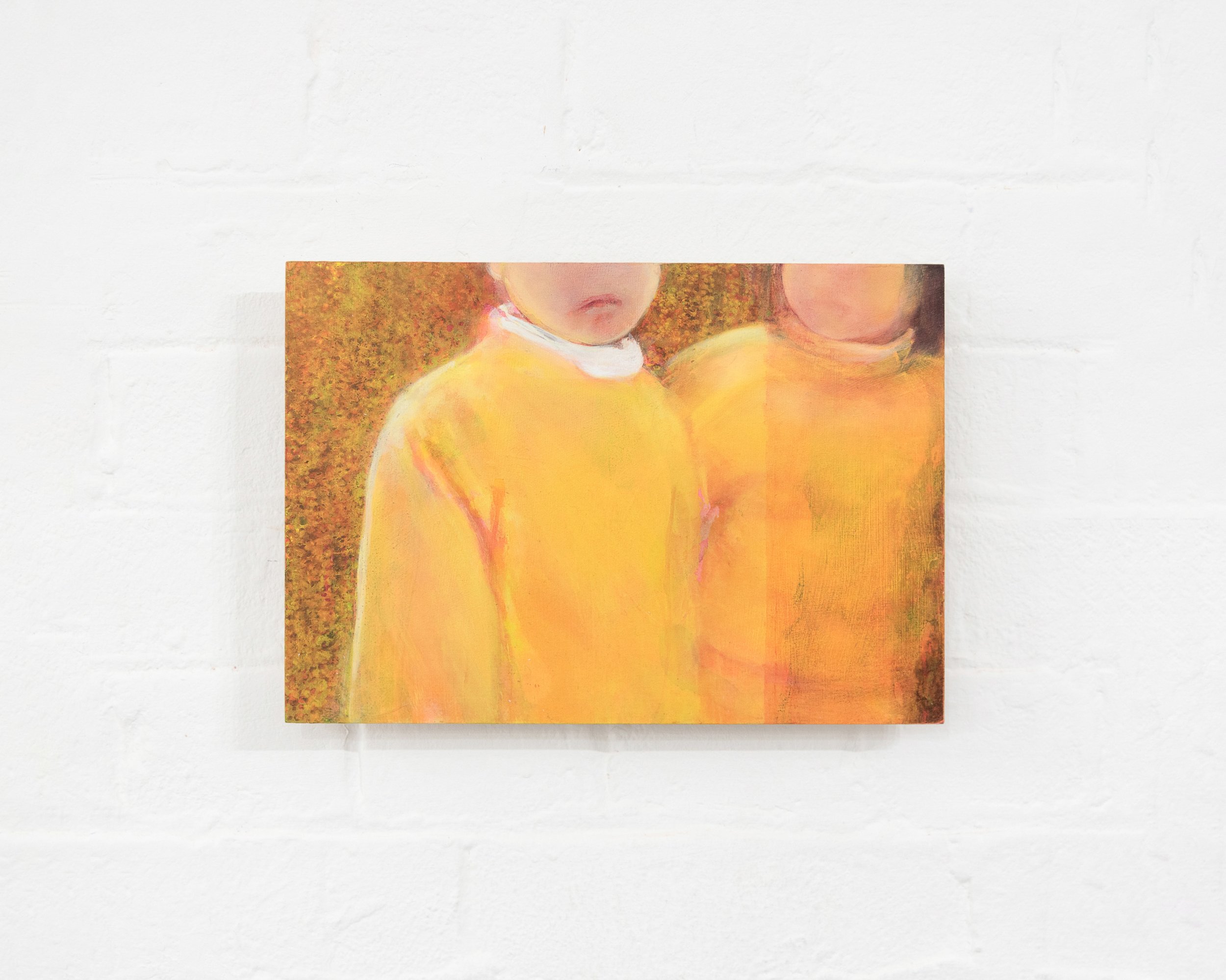 Abstract painting with warm tones of yellow, orange, and hints of pink, with a focus on a central figure that appears to be a person with a visible mouth and part of a face.