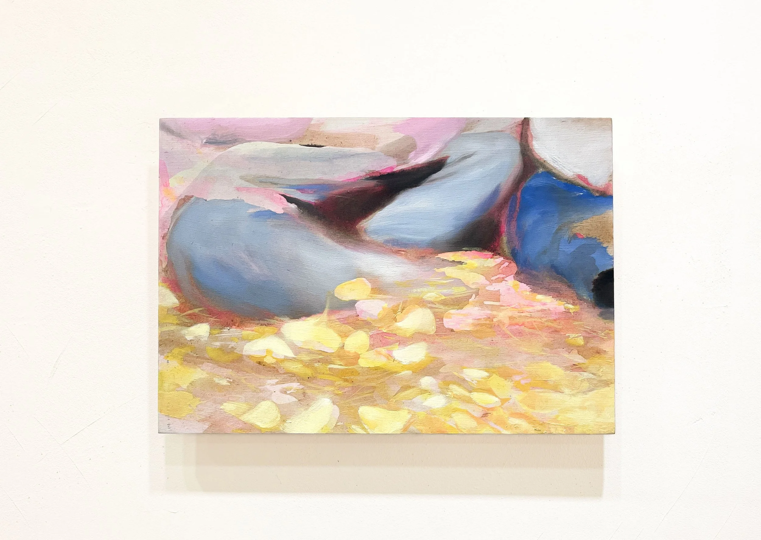 An abstract painting with fluid, soft strokes in shades of blue, pink, black, and yellow, on a white canvas.