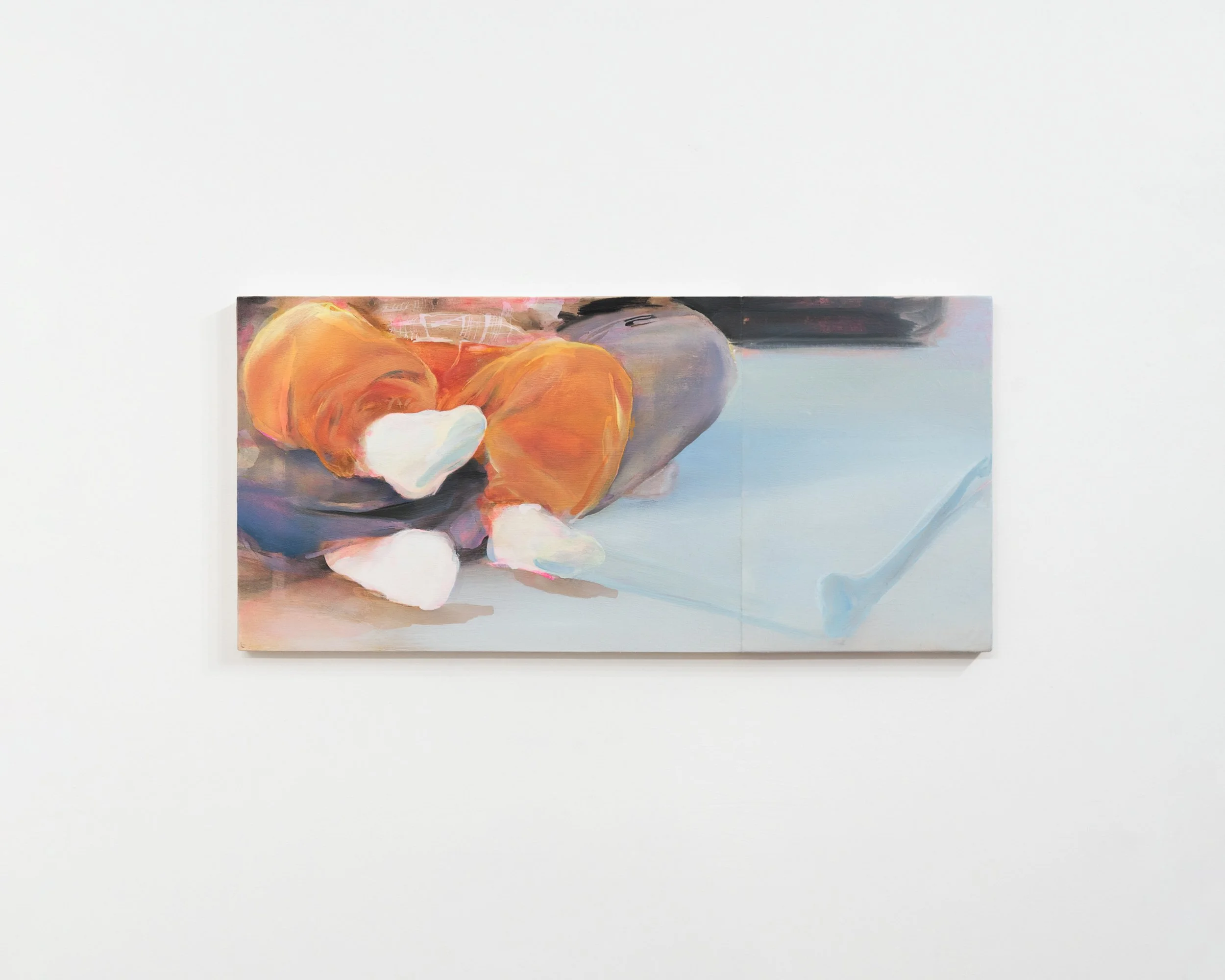 Abstract painting of orange and white objects on a blue and gray background, displayed on a white gallery wall.