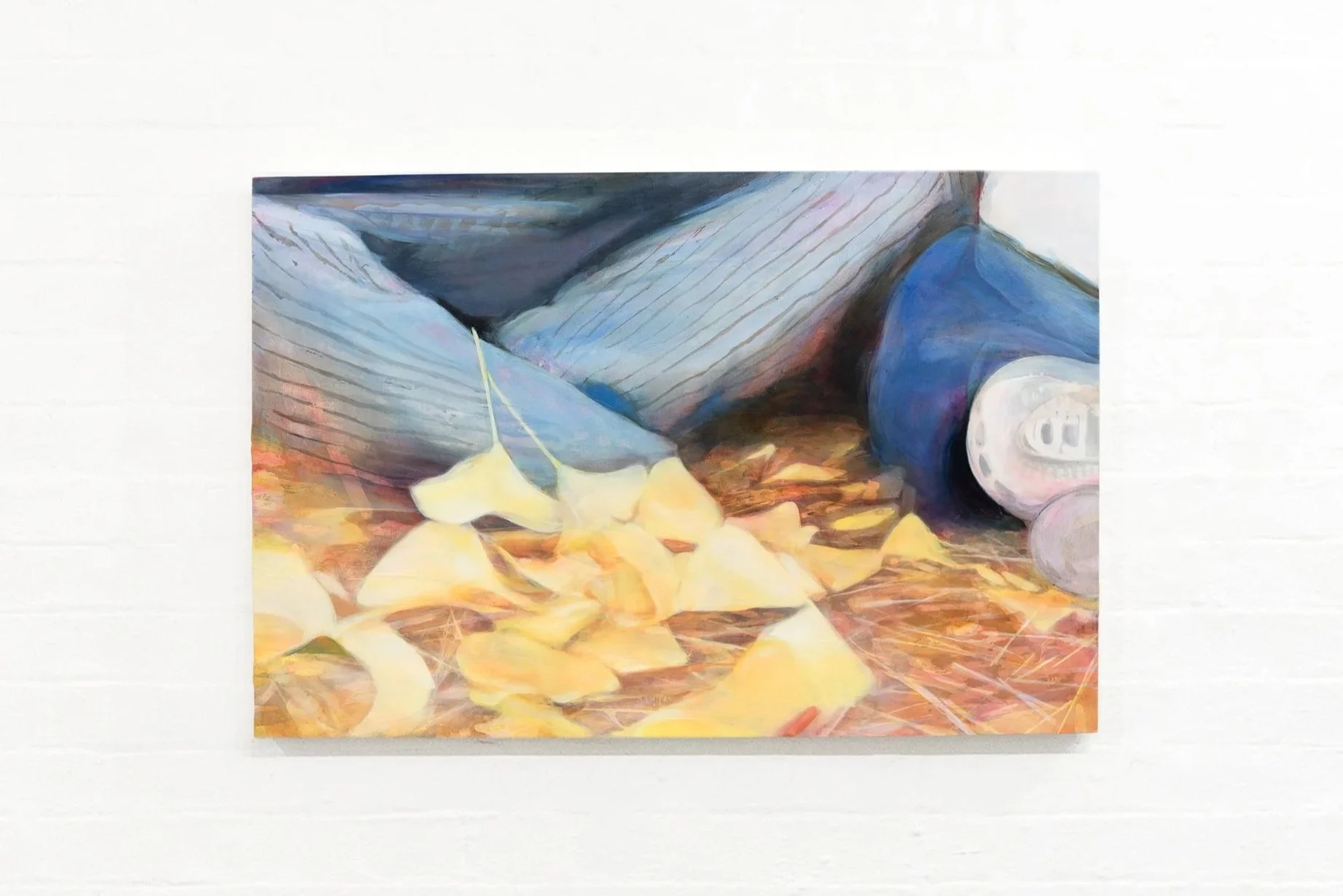 Painting of a crushed soda can, potato chips, and a soda bottle on the ground