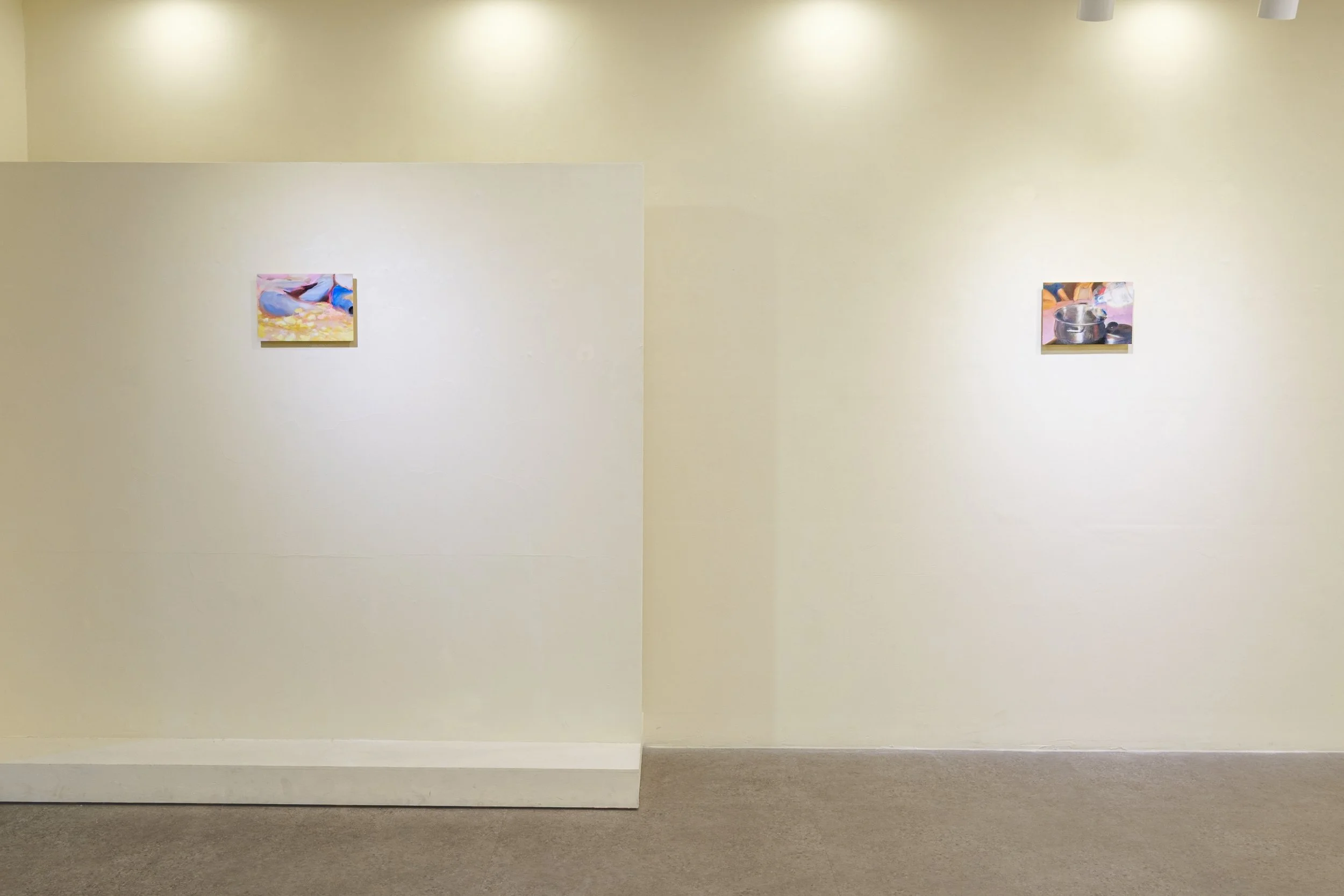 Art gallery wall with two small paintings, beige wall, and gray carpeted floor.
