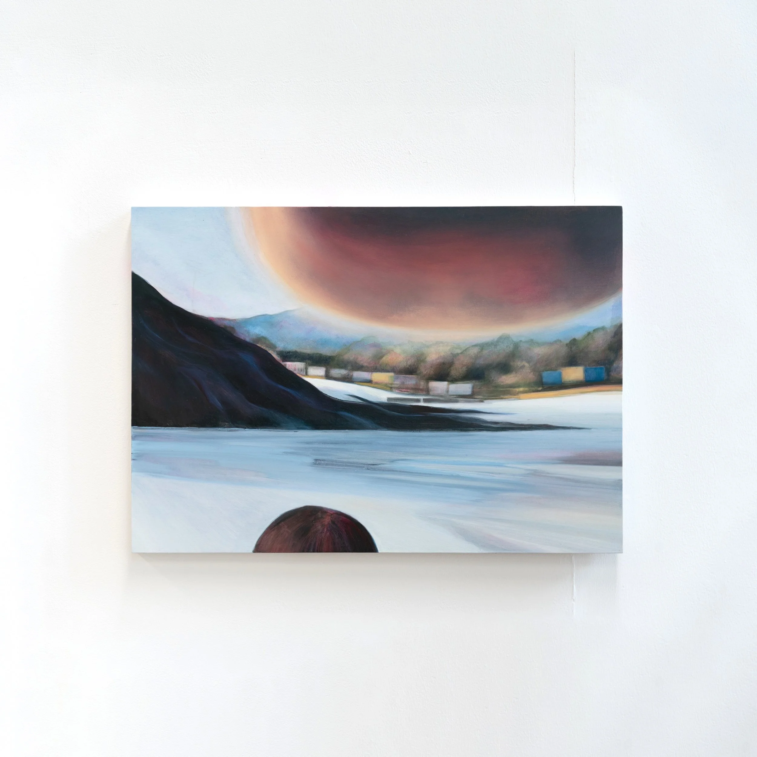 A landscape painting on a white wall depicting mountains, a river, and a large colorful celestial body in the sky.